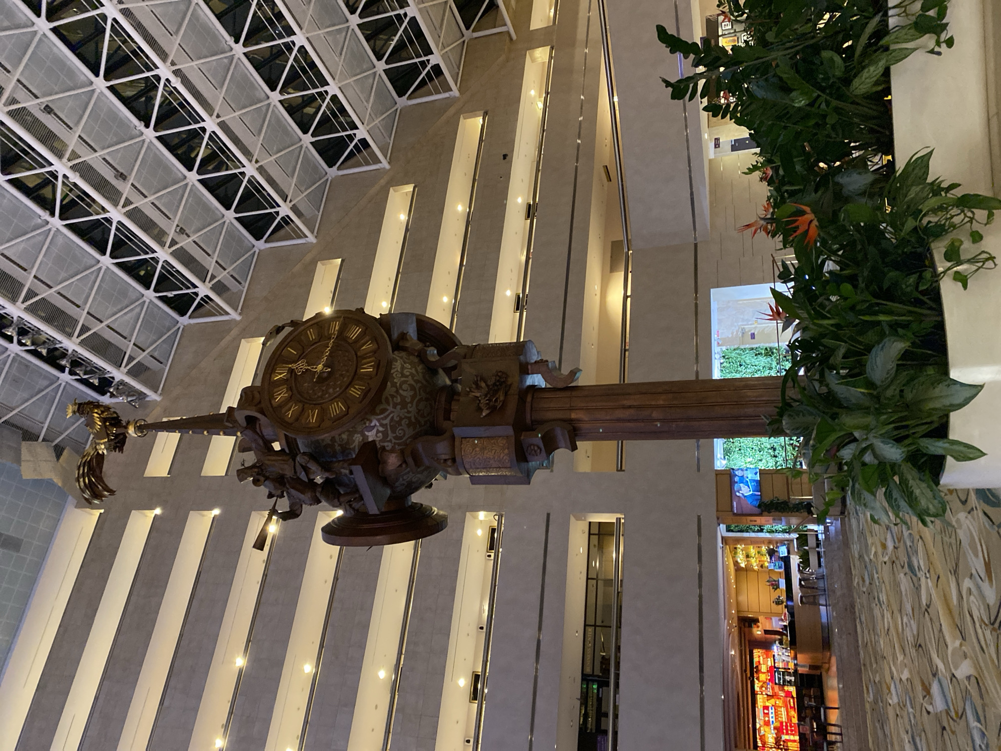 The image shows a view of an interior atrium, likely a shopping mall or hotel lobby, in Moscow, Russia. The dominant features are an ornate, antique-style clock suspended from the ceiling and a high-ceiling architectural design with multiple floors.
**Subjects and Objects:**
* **Clock:** A large, decorative clock hangs from the ceiling. It has a classical design with Roman numerals, and bronze-like ornate details, possibly figures.
* **Architecture:** The interior space features a tall atrium with numerous floors. Walls are predominantly light-colored.
* **Ceiling:** The ceiling has a complex, grid-like structure, suggesting a skylight.
* **Plants:** Potted greenery and foliage hang in a planter.
**Environment:**
* **Lighting:** There is artificial lighting illuminating the space, as well as natural light from the ceiling.
* **Colors:** The scene is dominated by browns, tans, whites, and greens.
* **Setting:** The location is most likely a shopping mall interior.
**People:**
* There are no people visible in the image, although the bar or restaurant at the end of the hall would suggest a crowd.