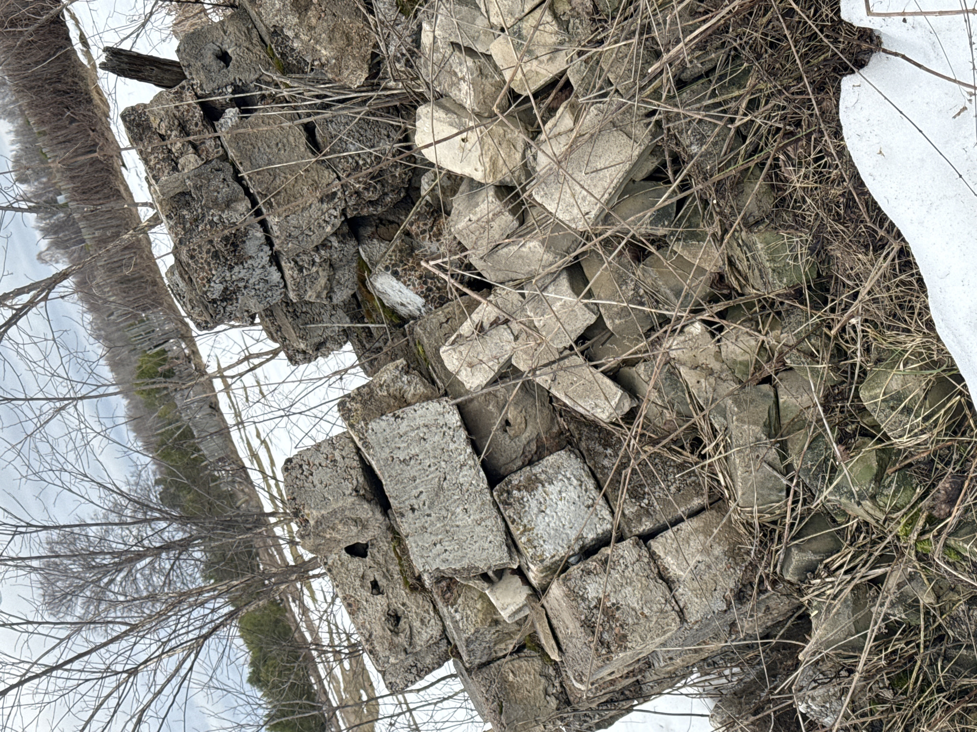 The image depicts a pile of irregularly shaped concrete blocks, intermixed with dry twigs and grass, and a patch of melting snow. The blocks vary in size and texture, with some exhibiting porous surfaces and others smoother edges. In the background, a blurred landscape includes bare trees and a distant treeline against a cloudy sky. The image suggests an outdoor environment, possibly a neglected area or construction site. The location is specified as the city of Кемуль, Russia.