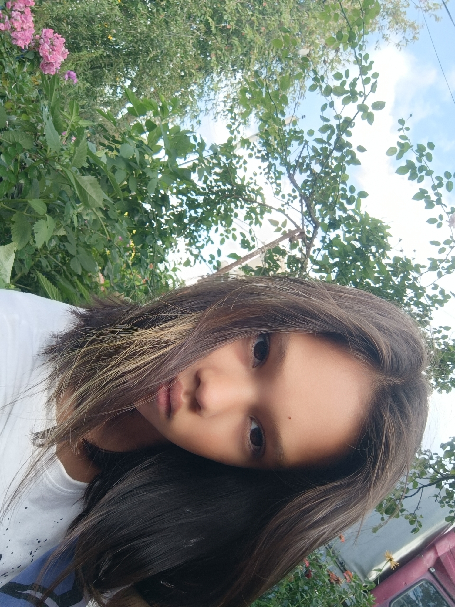 The image is a selfie taken outdoors, with the subject a young girl who is partially visible. She is positioned in the lower right quadrant of the frame, with her face turned towards the camera. She has dark hair that partially obscures her face, and her eyes are dark brown. She is wearing a white t-shirt with a blue and white design.
The background is dominated by lush green foliage, suggesting a natural or garden setting. Pink flowers are visible on the left side of the image, adding a touch of color to the scene. The sky, with some clouds, is visible through the branches of the trees. In the lower right corner, a portion of a reddish vehicle is visible, indicating the presence of a car or truck.
The image is oriented sideways, with the girl's head tilted. The lighting suggests it is daytime, likely late afternoon or early evening due to the soft quality of light. The image does not contain any specific details to indicate it was taken in the city of Karsha, Russia.