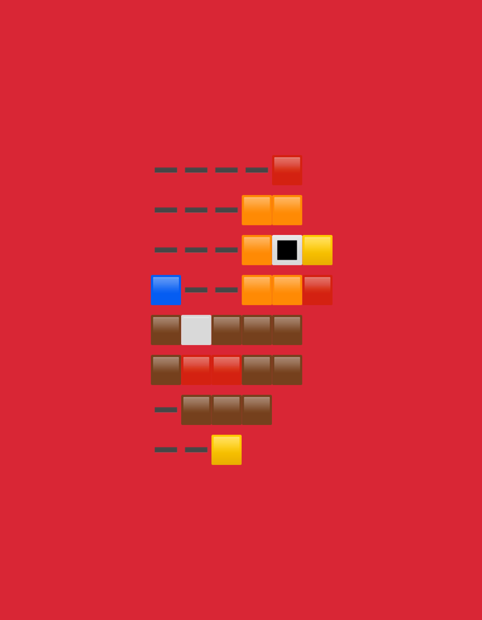 The media file displays a digital, pixel-art style image set against a solid, vibrant red background. Centered in the frame is a distinct figure composed of various colorful, square-shaped blocks, resembling emojis due to their slightly glossy finish.
The main subject is an abstract, anthropomorphic character, strongly reminiscent of a Goomba from the Super Mario Bros. video game series. Its "head" section is primarily formed by orange blocks, with a prominent black square within a white border representing a single eye, positioned next to a yellow block. Above this, a single red block sits, and below are more orange blocks forming the lower part of the "face."
The "body" of the figure is constructed from several rows of brown and red blocks. A row of four brown blocks is topped by a single white block on its left, and below that, a row of three red blocks flanked by two brown blocks. Another row of three brown blocks is located further down.
To the left of the main figure, at approximately eye level, is a standalone blue block, preceded by two grey dashed lines. Further down, at the bottom left of the overall composition, another pair of grey dashed lines points towards a single yellow block. These dashed lines appear as stylistic elements or placeholders.
No specific activity or event is taking place; the image presents a static character design. The setting is purely digital and abstract, lacking any environmental cues or a discernible time of day or weather conditions. There is no visible text. The location context of Dunavtsi, Bulgaria, cannot be inferred from the visual content of the image. The character's "expression," if any, is neutral or perhaps slightly curious due to the single eye.