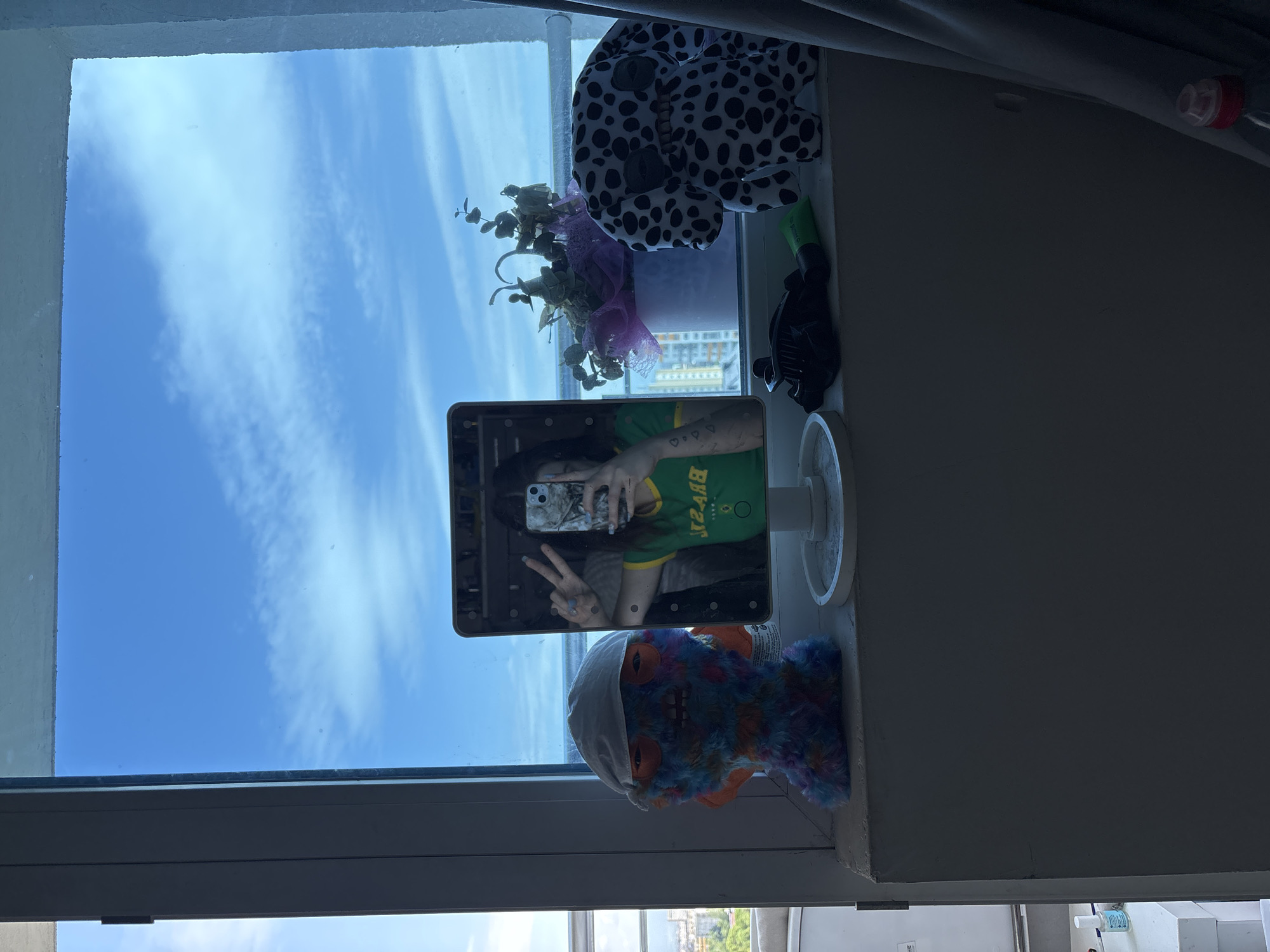 A window sill scene in what appears to be Sofia, Bulgaria, featuring:
* A window looking out onto a blue sky with clouds.
* Various items on the window sill:
* A mirror, reflecting a person taking a selfie while wearing a green shirt.
* A plant.
* A stuffed dalmatian.
* A stuffed, colorful monster toy with a white cap.
* A black object, possibly a small speaker or accessory.
* Outside the window, the tops of buildings suggesting an urban setting in Sofia, Bulgaria.