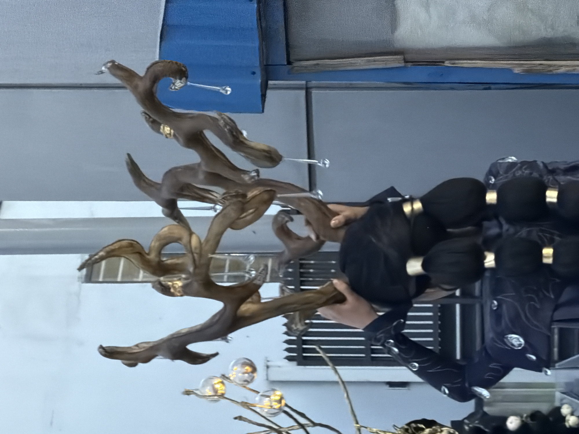 A woman holds a branch-like sculpture with glass orbs in what appears to be an indoor setting. The exact location within Bishkek City, Kyrgyzstan, cannot be determined from the image.