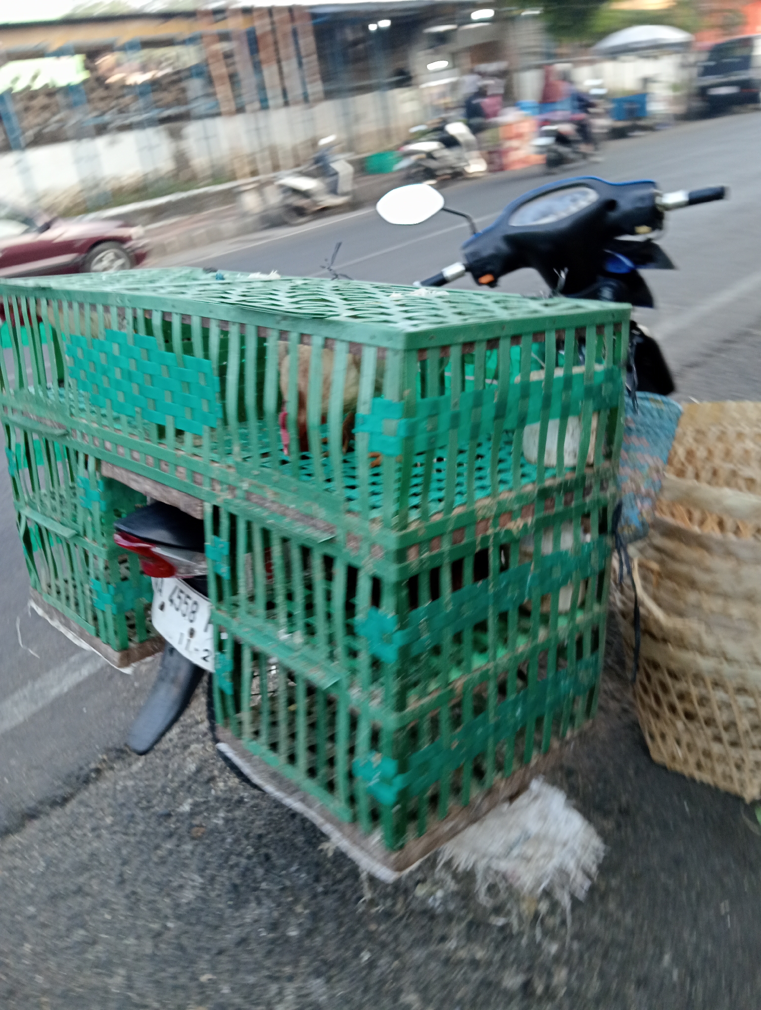 A blurry, low-angle medium shot shows a green plastic crate filled with what appears to be chickens, strapped to the back of a motorcycle. The motorcycle's rear tire and license plate are partially visible. The crate is stacked two high and appears to be constructed from interconnected plastic grids. To the right of the crate, a large woven basket is visible. The motorcycle is parked on an asphalt road, with a sidewalk or curb to the left and a blurred background of buildings and traffic, suggesting an urban or semi-urban environment. The scene is consistent with transportation of livestock in Grabag, Indonesia.