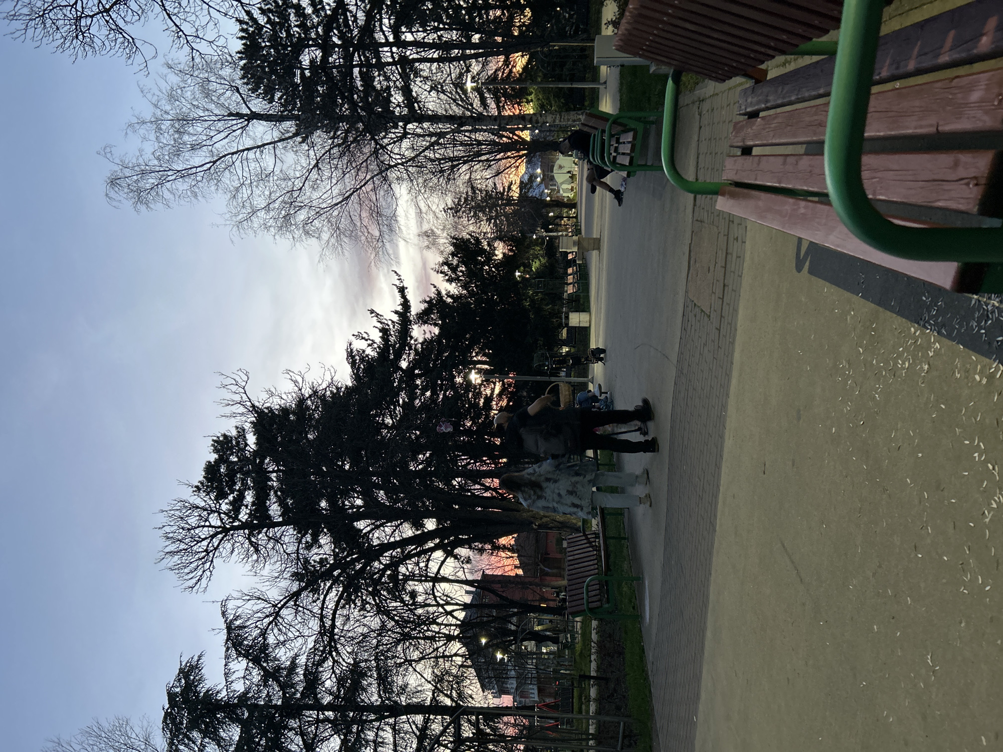 The image captures a park scene in Kazanlak, Bulgaria, at dusk. The sky is a mix of light blue and pinkish hues, indicating the sunset. Silhouetted trees frame the scene, their bare branches prominent against the sky. Several people are present, their forms dark against the illuminated background. One individual is sitting on a green exercise machine. Another is standing on the pavement. Benches line the edge of the walkway. The ground is paved with light-colored tiles or asphalt, and there are some scattered light-colored objects, possibly seeds or petals, on the ground. Street lamps illuminate the park pathway in the background. The angle of the photograph is unusual as it is taken on the side.