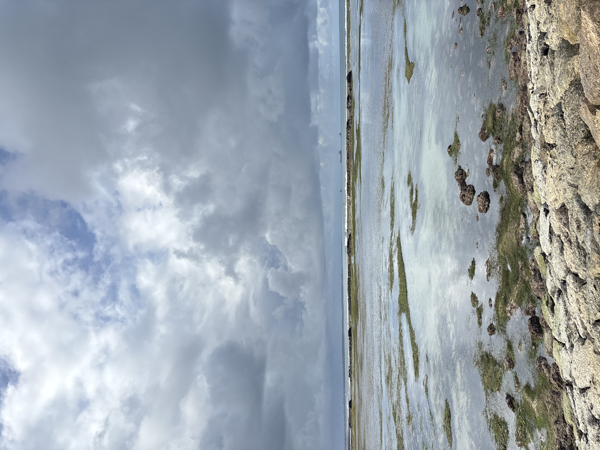 The photograph depicts a coastal scene likely in Kuta Selatan, Indonesia, characterized by a juxtaposition of natural elements. The left side of the image showcases a dynamic sky with billowing clouds, ranging from light, fluffy formations to darker, more ominous grey masses. The sky's reflection is visible on the water-covered beach.
The right side of the image reveals a landscape with visible rocks and vegetation on the beach. The area appears to be partially submerged in water, creating a reflective surface.