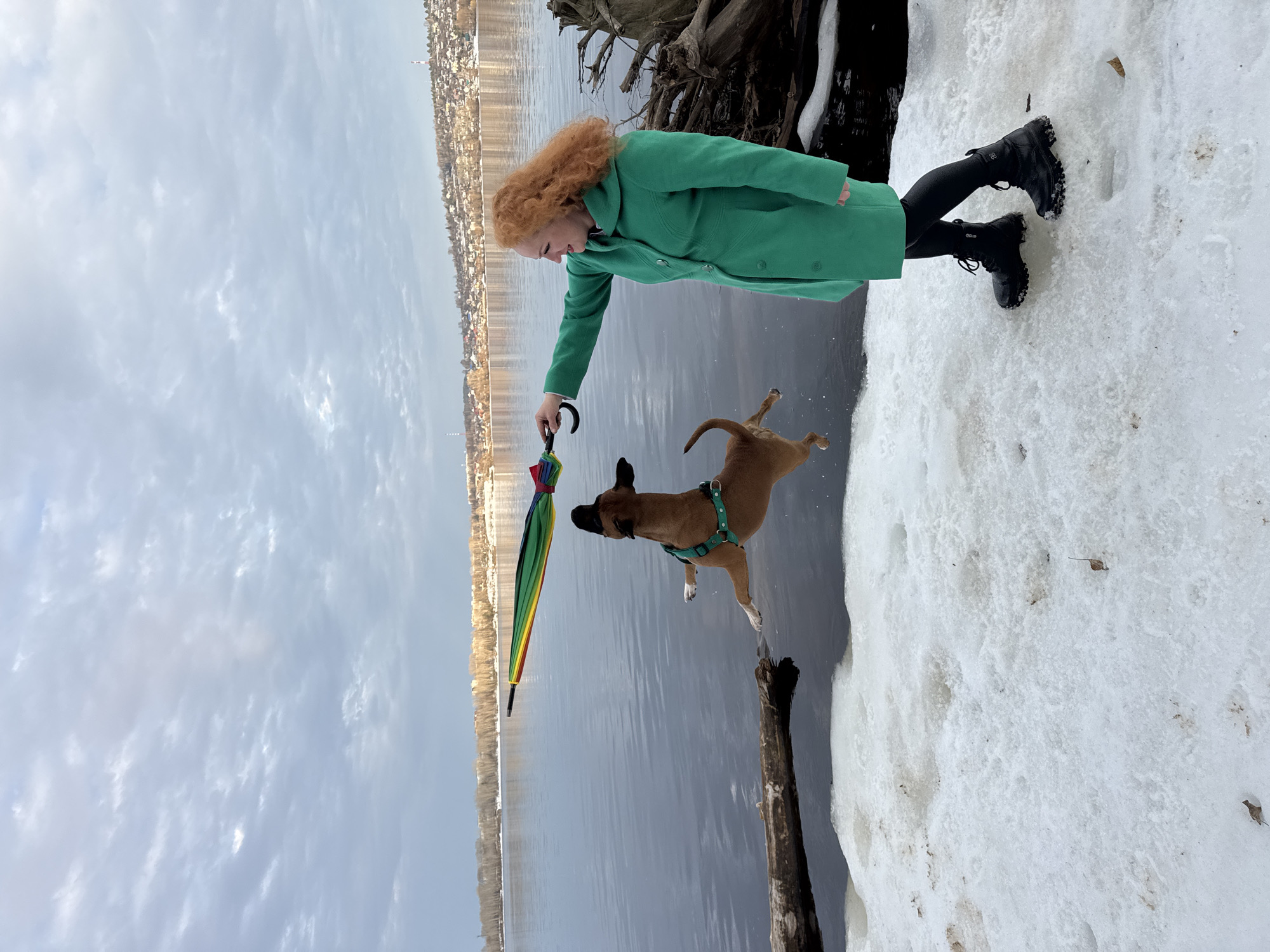 A young woman with red hair wearing a green coat and black boots stands on a snow-covered bank near a body of water. She is holding a closed, multi-colored umbrella and appears to be interacting with a brown dog that is mid-leap. The body of water reflects the sky, and in the background, a city skyline is visible. The location is Noviy, Russia.