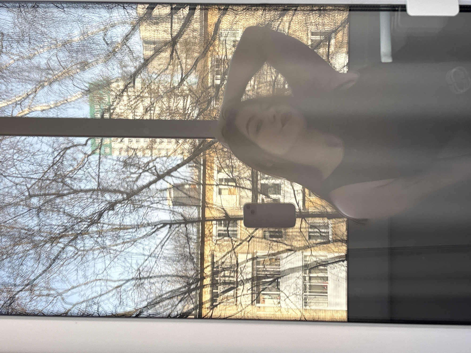 A reflective scene shows a building exterior through a window, with a reflection of a woman holding a phone. The building appears to be multi-storied, possibly residential, with visible windows and brick or stone facade. The trees outside are bare, indicating winter or early spring. The woman's reflection obscures part of the building. The scene suggests an urban environment. Without other objects there's no sufficient information to provide a further specific location, such as to indicate the city of Perm, Russia, with certainty.