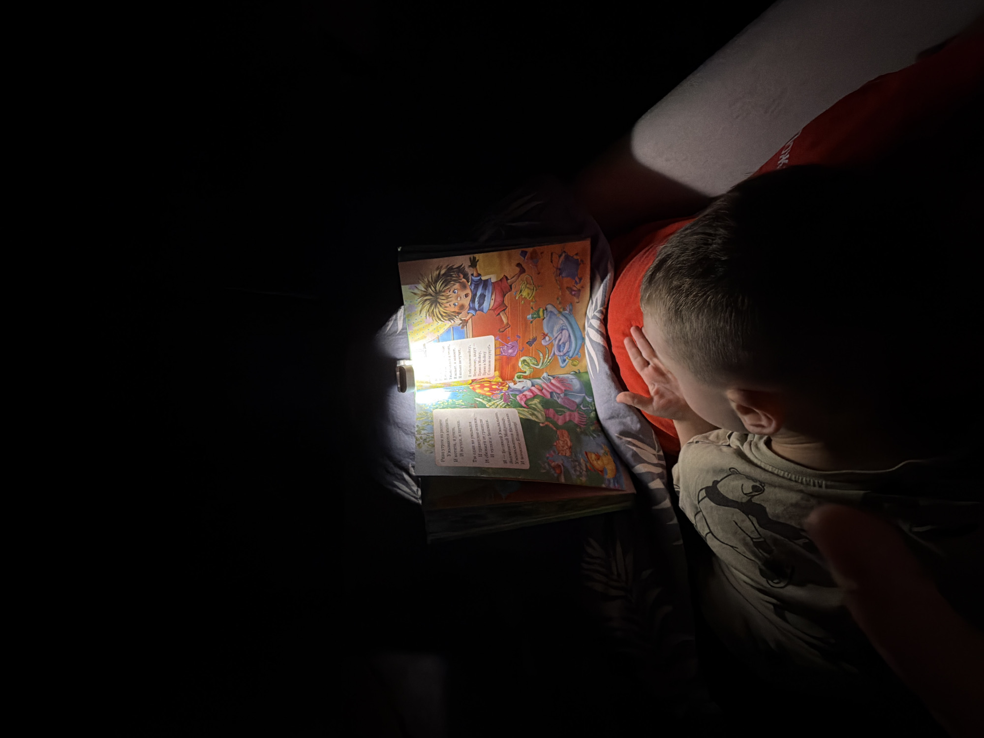 In the city of Khabarovsk, Russia, a child is lying on their back, illuminated by a book light attached to an open book. The child is wearing a light-colored t-shirt with a graphic print and appears to be asleep or dozing. The book, held open by an unseen person or object, displays colorful illustrations and text in Russian. The surrounding environment is dark, suggesting the photograph was taken at night or in a dimly lit room. The scene evokes a sense of quiet intimacy, with the book light creating a small pool of illumination on the book and the child's face.