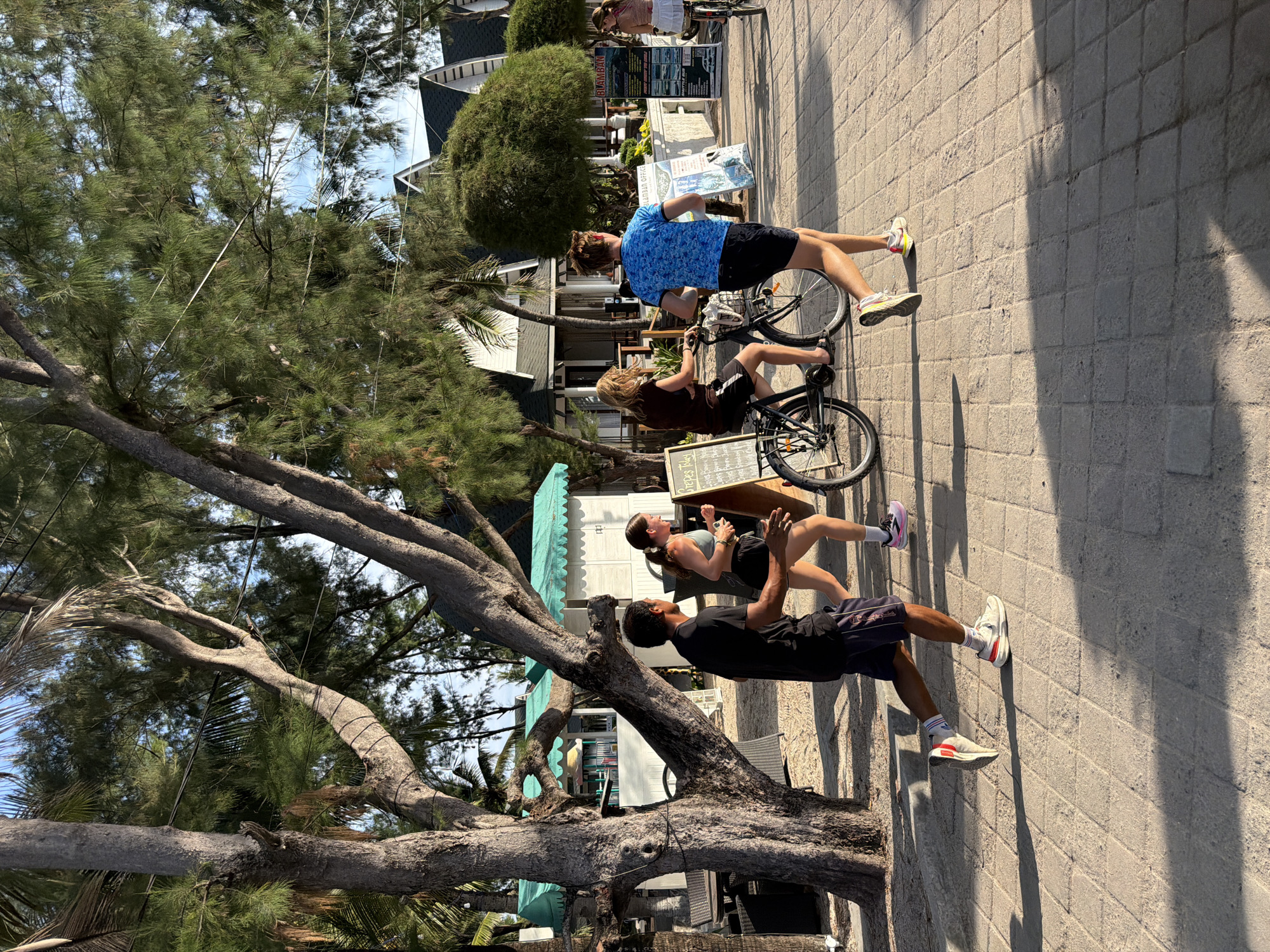 In an outdoor, beachfront setting, four people are engaged in recreational activities. Two individuals are running on a paved walkway. One runner, a male in a black t-shirt and dark shorts, is in the foreground on the left, his body angled slightly away from the viewer. Another runner, a female in a light-colored tank top and dark shorts, is to his right and slightly behind him, also running.
To the left of the runners, a large tree with rough bark partially obscures the scene. Behind the runners, a woman with blonde hair is seated on a bicycle, facing left. She is wearing a dark brown top and dark shorts. Her bicycle has a basket on the front. A chalk board sign stands next to her, displaying handwritten text.
Further to the right, a young male in a blue patterned t-shirt and black shorts is also running. He is moving in the same direction as the other two runners. To his right, another woman is riding a bicycle, her back to the camera. She is wearing a light-colored top and white skirt.
In the background, several white buildings with dark roofs are visible, suggesting a commercial or residential area. Green awnings extend from some of the buildings. Tropical trees and palm trees are interspersed throughout the scene, and the ground on the far left appears to be sandy. Signs advertising various activities are posted on the right side of the walkway. The lighting suggests it is late afternoon or early evening.