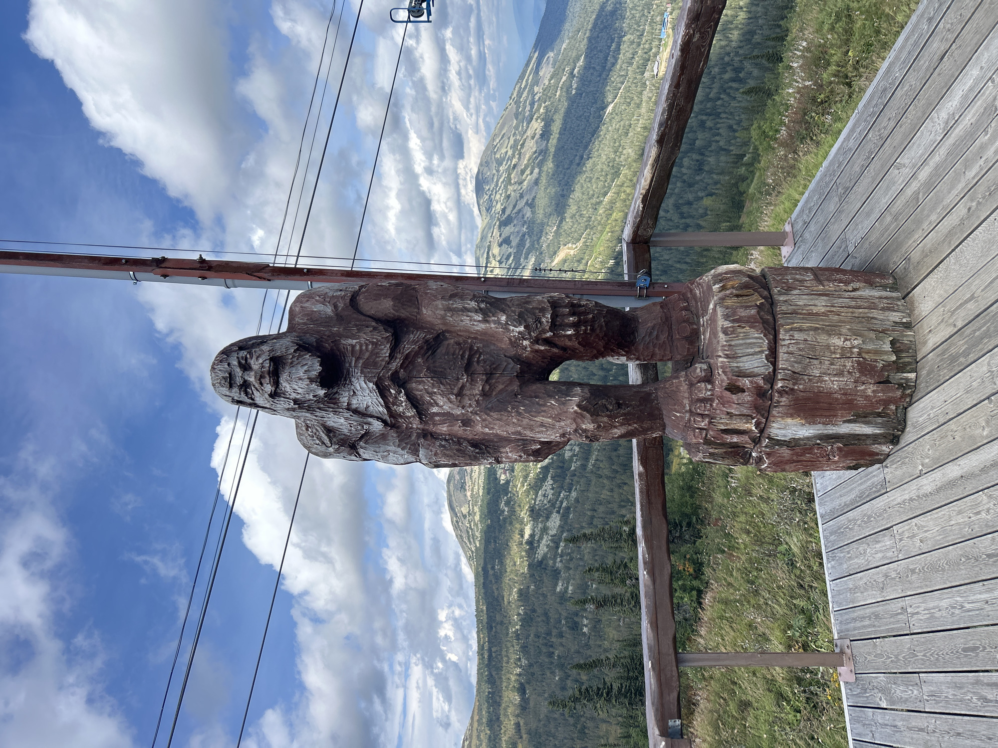A full-shot vertical photograph shows a large, weathered wooden statue of Bigfoot standing on a wooden platform. The statue is dark brown with some reddish-brown accents and is carved to depict a hairy, muscular figure with a large beard and menacing expression. It stands on a cylindrical wooden base. The platform is made of light-colored wooden planks. A rustic wooden railing with metal supports runs along the edge of the platform.
Behind the statue and platform, a vast, forested mountain landscape unfolds under a partly cloudy blue sky. The mountains are covered in dense green trees, with some lighter patches indicating clearings or different vegetation. A ski lift cable and a portion of the lift mechanism are visible in the upper right quadrant of the image, suggesting the location is a ski resort. The overall impression is one of a natural, scenic mountain environment, possibly at a high altitude. The statue is positioned to face the viewer, and the background is slightly out of focus, drawing attention to the central figure. The image appears to have been taken on a bright, overcast day. This sculpture is located in the city of Sheregesh, Russia, known for its ski resorts and mountainous terrain.
