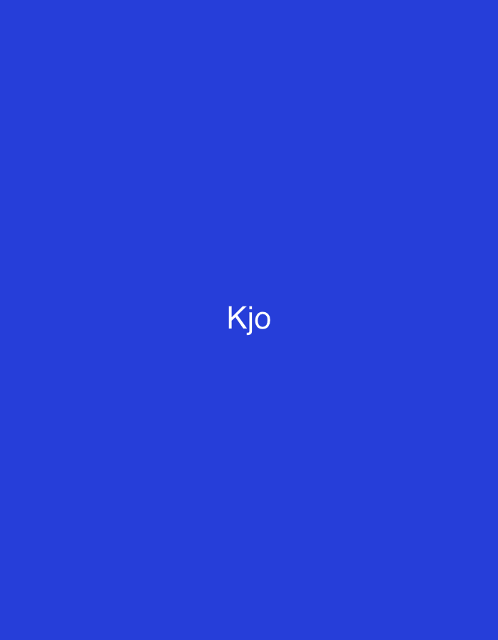 The image displays a uniform, solid medium-blue background. Centered on this blue field is the white text "Kjo" rendered in a sans-serif typeface. No other elements, such as people, subjects, objects, actions, interactions, or environmental details, are present. There is no visual information within the image to suggest a specific location in Casablanca, Morocco, or any other geographical area.