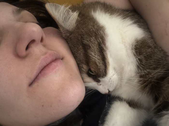 A close-up depicts a woman with fair skin, freckles, and closed eyes, her face resting. A brown and white cat is nestled against her face. The cat appears content, with its eyes partially closed. The woman's lips are slightly parted. The background shows hints of yellow. The overall image conveys comfort and relaxation.