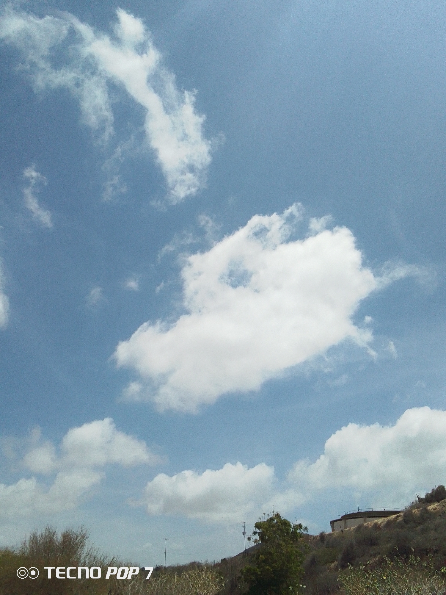 The image captures a daytime scene in Pedro González, Venezuela. The sky is predominantly blue with scattered white clouds of varying sizes and shapes. The ground level features vegetation, primarily bushes and shrubs, with a few trees visible. A structure resembling a circular water tank is situated on a hill in the background. Several utility poles are also present. The image was taken with a TECNO POP 7 device.