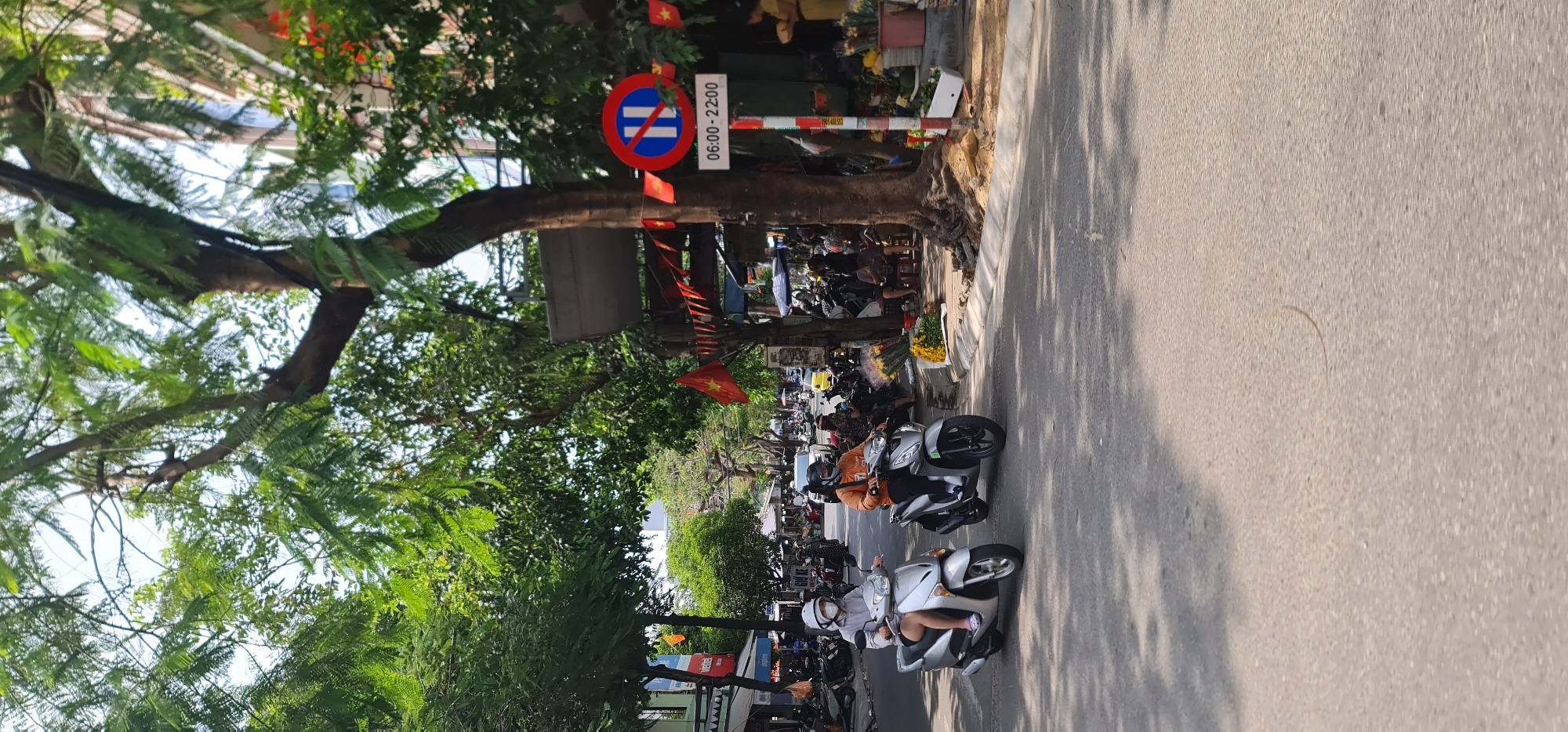 This image depicts a vibrant street scene in Đà Nẵng, Vietnam, viewed along a tree-lined street. The perspective shows the paved road on the right and a sidewalk with shops and parked vehicles on the left.
Numerous subjects populate the scene, primarily people riding and parked on motorbikes. At least two individuals are actively riding scooters on the road, wearing helmets and face masks. Many other motorbikes are parked densely along the sidewalk, suggesting a common mode of transport. The sidewalk is bustling with activity, featuring large trees providing shade, and what appear to be street vendors or shop displays with baskets of flowers (yellow chrysanthemums are visible) and other goods.
The street is adorned with multiple red Vietnamese flags featuring a yellow star, hanging from poles and strung along the path, indicating a festive or patriotic atmosphere. A prominent circular "No Parking" sign (red circle with a blue bar and white horizontal line) is visible on the left, beneath which a white rectangular sign specifies restricted hours: "06:00 - 22:00".
The scene takes place under a bright, sunny sky, suggested by the clear lighting and distinct shadows cast by trees and objects onto the asphalt road. The time of day appears to be mid-morning or late afternoon due to the angle of the shadows. Other discernible text includes a partially visible Vietnamese phone number starting with "096" on a sign and a word "VIETNAM" on another banner. The general atmosphere is that of daily urban life in a Southeast Asian city.