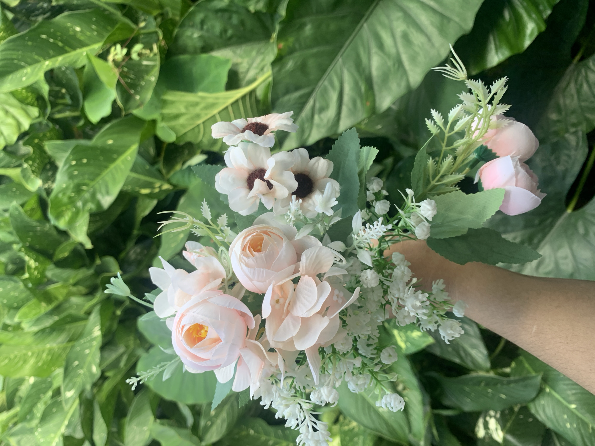 A person's forearm and hand are holding a bouquet of artificial flowers in front of lush green foliage. The bouquet contains several light pink roses with yellow centers, small white flowers that resemble baby's breath, and a few white flowers with dark brown centers. The background consists of large, glossy green leaves with some lighter mottling. The scene is likely indoors or in a sheltered outdoor area, possibly a botanical garden or a decorated space, as the flowers appear to be artificial. The specific location in Kuala Pembuang, Indonesia, is not discernible from the visual information provided.