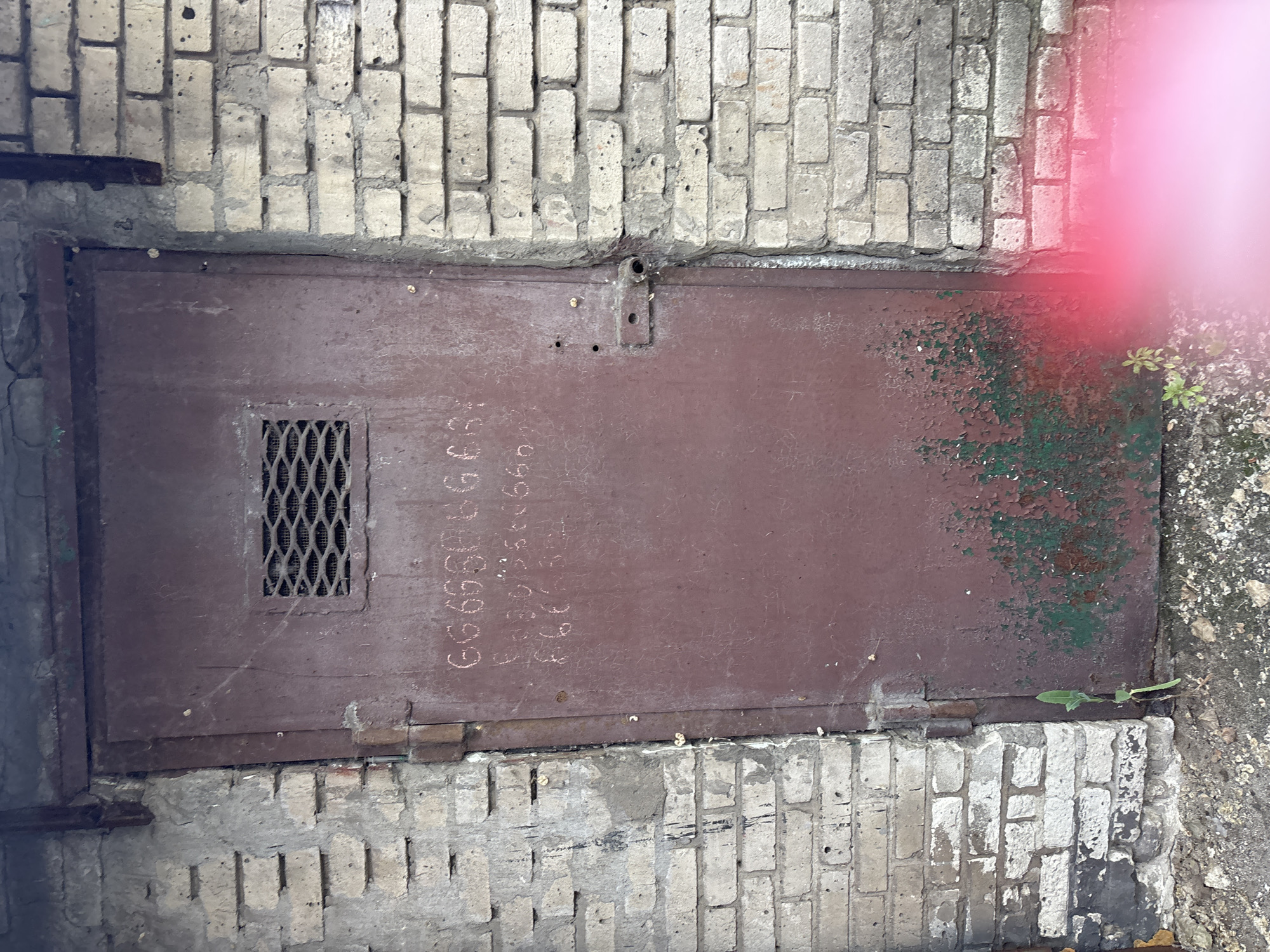 The image shows a close-up, slightly angled view of a weathered, dark reddish-brown metal door set into a brick wall. The door has a small, rectangular grate in its upper left quadrant. There is some peeling paint on the door, revealing patches of green underneath, particularly on the right side. The brickwork surrounding the door is aged and somewhat discolored, with visible mortar. The lighting is somewhat uneven, with a bright pinkish-red blur of light emanating from the top right corner of the frame, obscuring a portion of the scene. There are some small green plants growing at the bottom right, near the door.
Visible text appears on the door in a light-colored chalk or paint. It is arranged in vertical lines and appears to be a combination of numbers and possibly letters or symbols. The visible text reads: "666898196", "93339", and "8585364".
The overall impression is one of an old, utilitarian entrance, possibly in an urban or industrial setting, with signs of age and neglect. The time of day and weather are not discernible from the image.