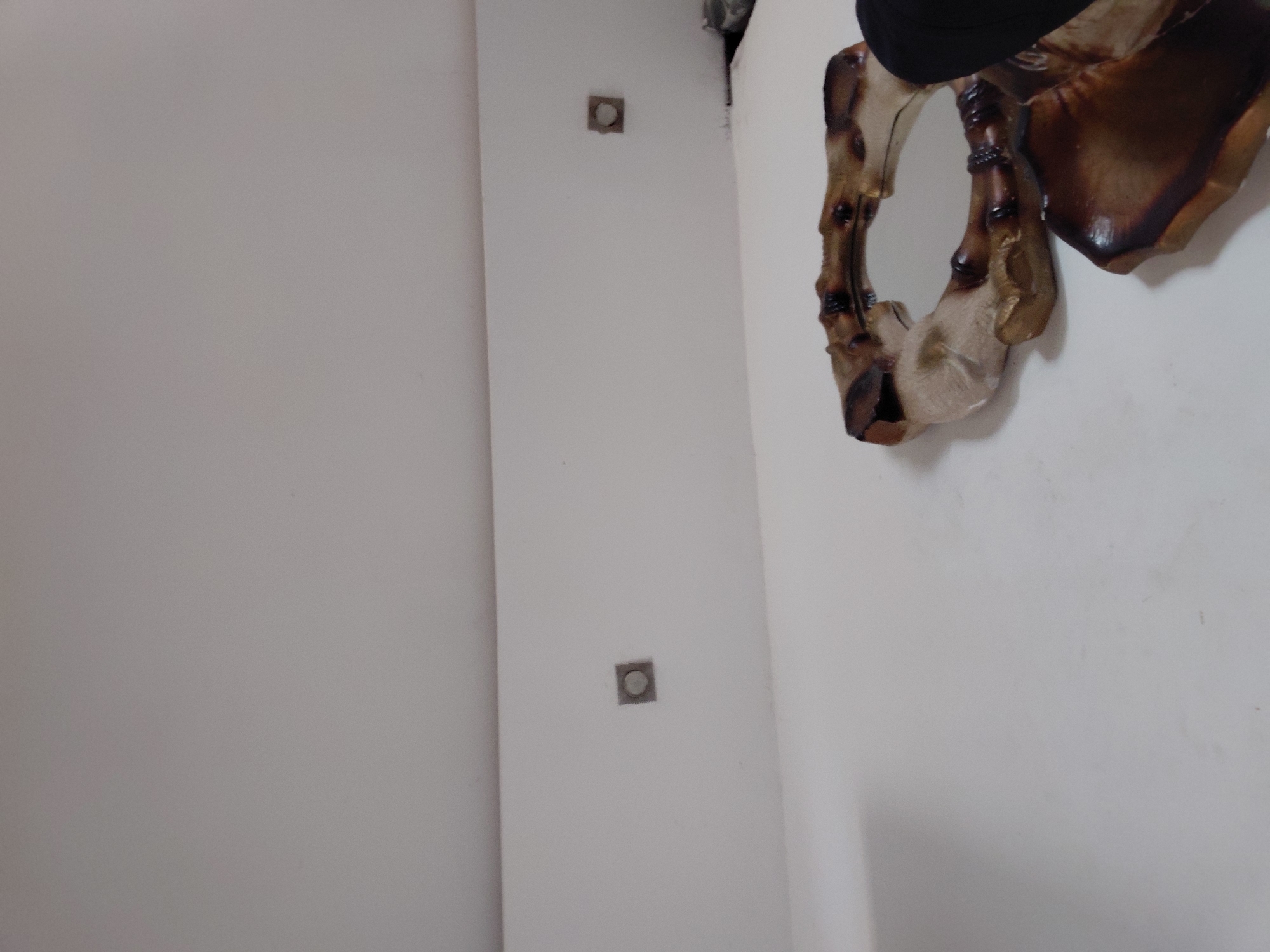 The image captures an indoor scene, dominated by white walls and a decorative mirror. The perspective is angled, looking towards a corner where two white walls meet.
On the right side, a distinctive, ornate mirror is partially visible. Its frame is made of a textured, organic material, possibly carved wood or bone, displaying various shades of brown and beige, accented with darker, almost burnt tones. A dark, possibly black, object is partially visible above the mirror, suggesting a person's head or an article of clothing.
The wall on the left features two small, square, metallic-grey objects mounted vertically, which appear to be electrical outlets, switches, or cover plates. The walls are uniformly white, and the lighting is even, typical of an interior space with ambient or artificial light. No specific activities or events are depicted, and no visible text is present.