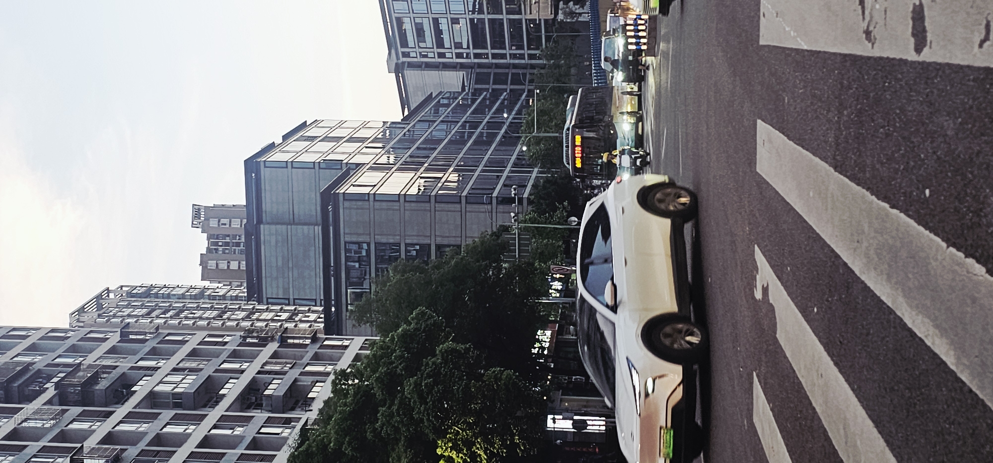 The image depicts a street scene in Yuzhong District, China. Several high-rise buildings are visible in the background. A white vehicle is in the foreground, positioned on a crosswalk. Other vehicles, including a bus, are on the road. Trees line the street. The sky is overcast.