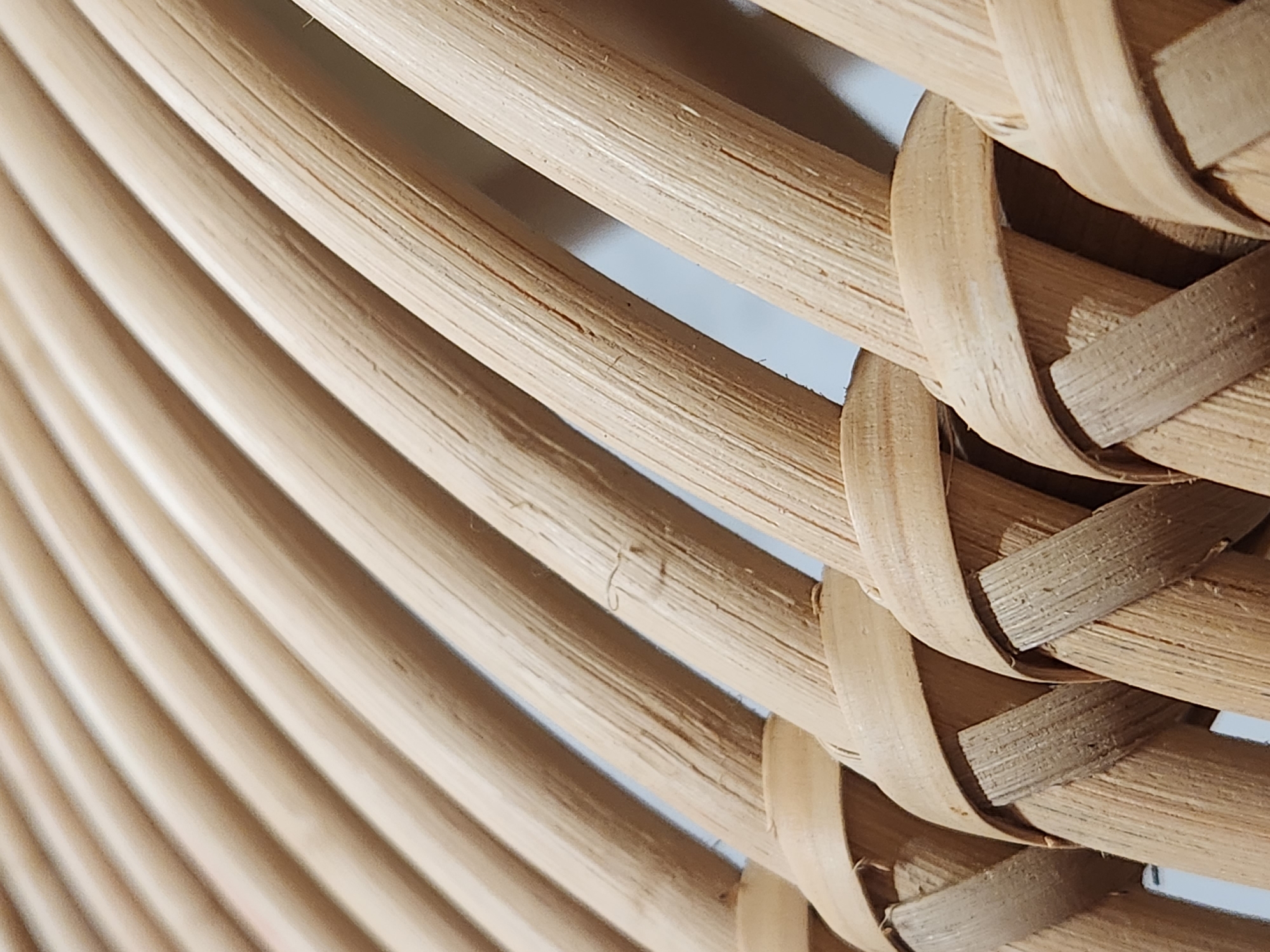 The image is a close-up, low-angle, diagonal shot of woven bamboo or wicker. The material is light brown with visible grain and texture. The interwoven strands create a pattern of curved lines, with some strands appearing to be thinner bands binding thicker vertical elements. The background is out of focus and appears to be a light, neutral color, possibly a wall. There are no people, animals, or any other discernible objects or actions in the image. The scene is devoid of any urban or natural environmental context, making it impossible to determine a specific location within Maitland, United States of America, or any other city.