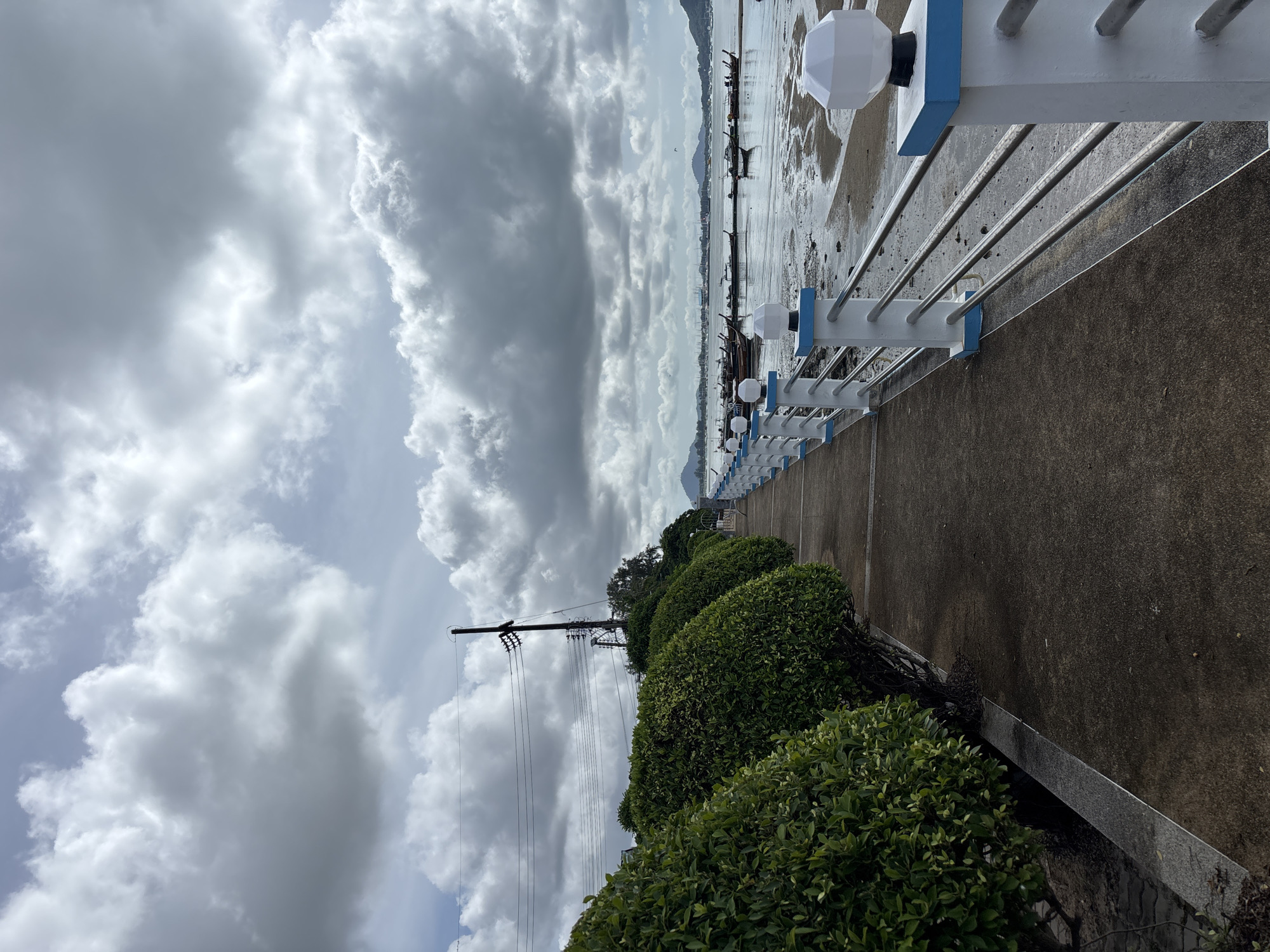The image depicts a scenic view along a waterfront promenade in Rawai, Thailand. A paved walkway runs parallel to a row of neatly trimmed green bushes. The walkway is bordered by a railing system with white posts topped with blue accents and spherical light fixtures.
Beyond the railing, a muddy shoreline is visible, with several traditional long-tail boats resting on the sand and in shallow water. The sea stretches into the distance, dotted with more boats and silhouetted by a range of hills under a dramatic, cloudy sky. A utility pole with power lines is visible to the left, contributing to the urban coastal atmosphere. The overall scene suggests a calm, overcast day by the sea in Rawai.