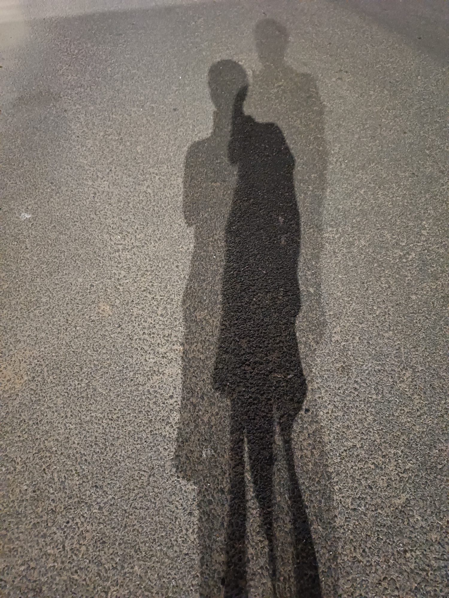 A shadow of two people is cast on a textured, asphalt-like surface. The shadow on the left is more defined and appears to be of a person holding a phone, capturing the image. This person's shadow is slightly shorter and appears to be wearing a dress or skirt. Behind them, a fainter shadow of a second person is visible, taller and possibly male, standing with arms at their sides. The surface beneath the shadows is a uniform gray with a fine, granular texture, suggesting it could be a road or sidewalk. The lighting indicates it is either early morning or late evening.