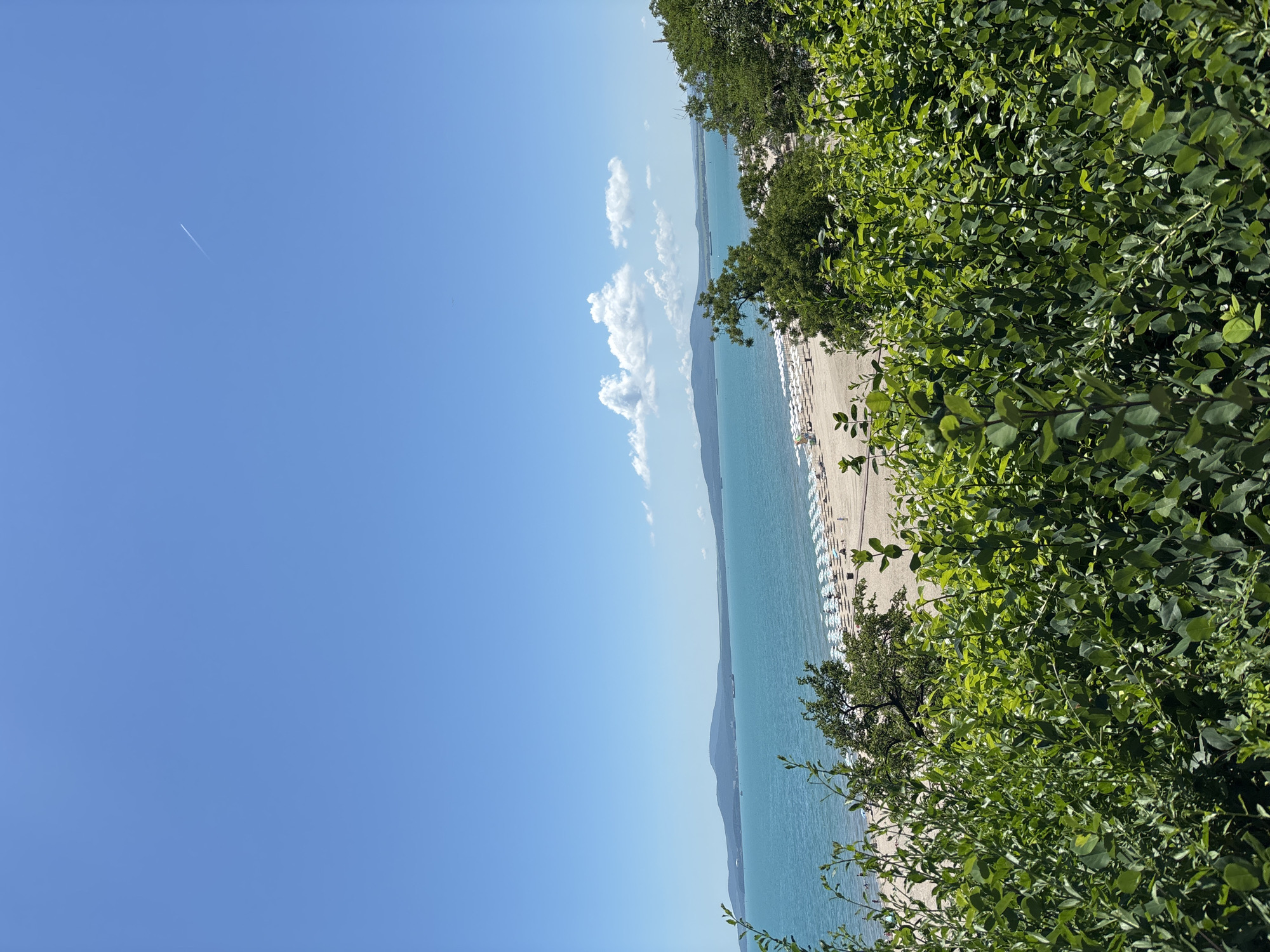 A high-angle, eye-level shot captures a vibrant beach scene on a clear, sunny day in Burgas, Bulgaria. In the foreground, lush green foliage occupies the bottom half of the frame, framing the view. Beyond the greenery, a sandy beach stretches out, dotted with rows of white beach umbrellas and lounge chairs. Several figures can be seen scattered across the sand and in the shallow water. The turquoise sea extends to the horizon, meeting a line of distant, hazy mountains under a vast, pale blue sky. A faint white contrail from an aircraft is visible in the upper right portion of the sky.