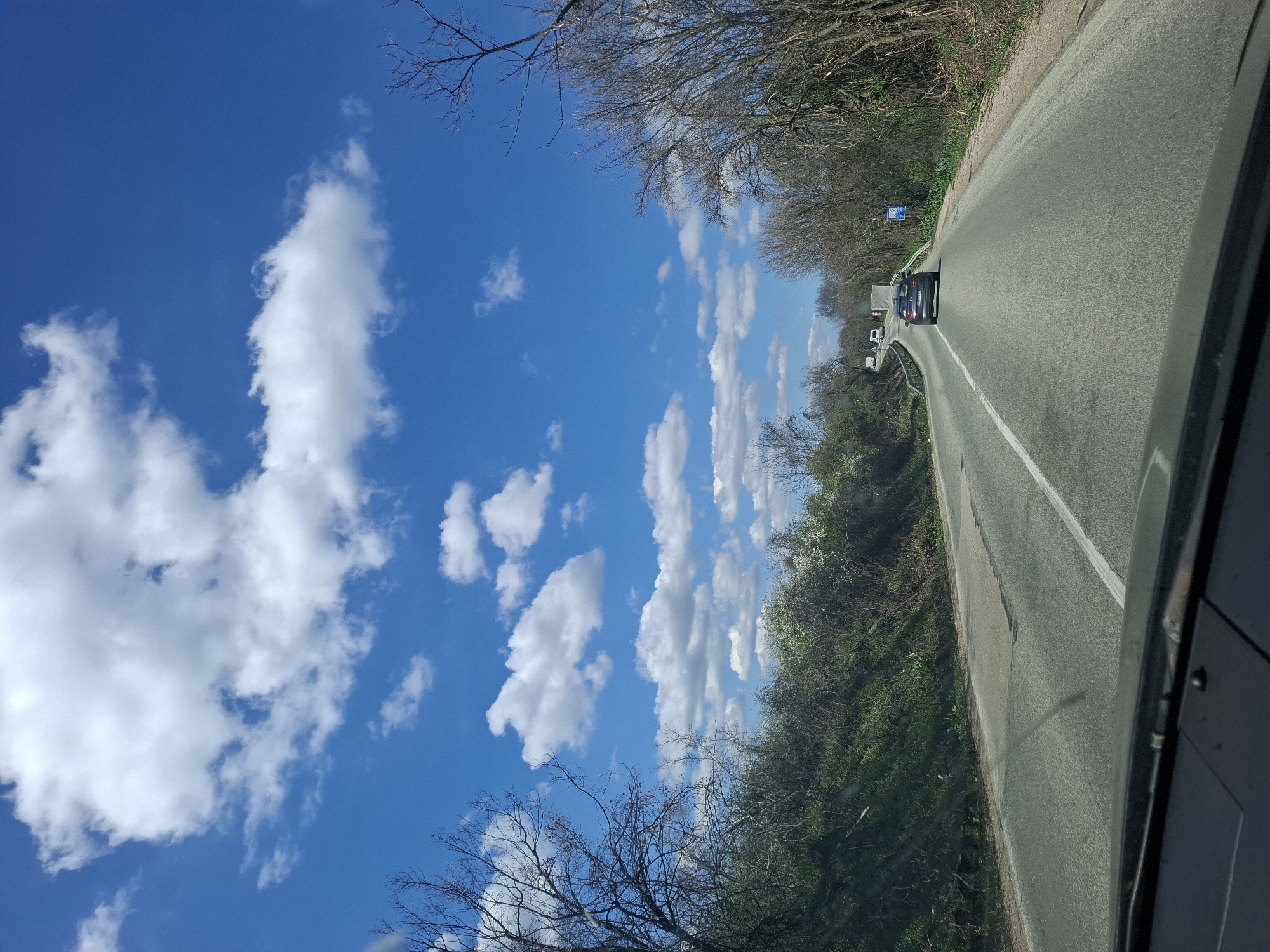 The image shows a road in Tsar Simeonovo, Bulgaria. The road is asphalt and has a white line marking the center. There are trees and vegetation on both sides of the road. A car is driving on the road. The sky is blue with white clouds. The image appears to be taken from inside a vehicle.
