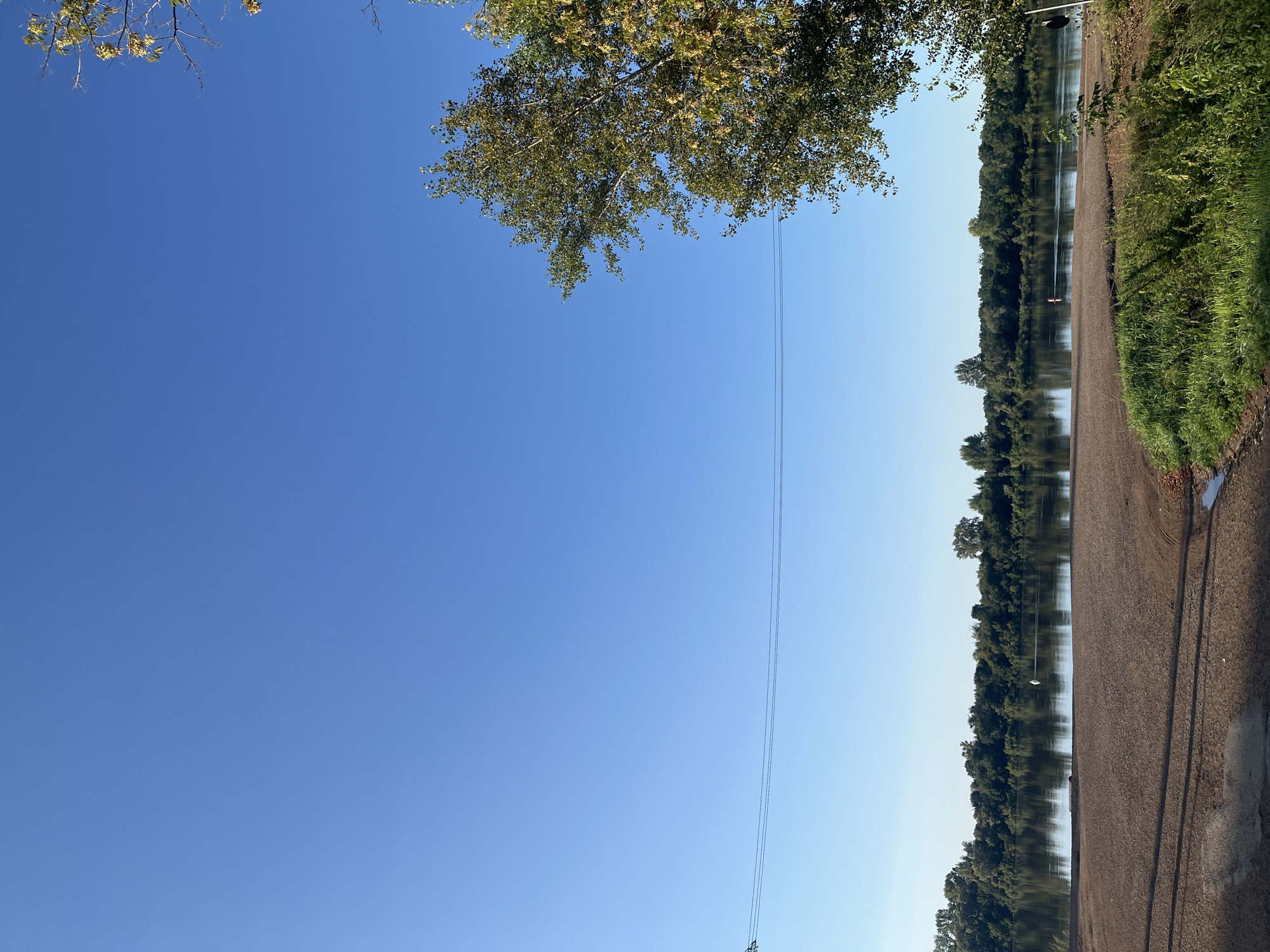 The image depicts a serene natural landscape with a wide body of water, likely a river, reflecting the clear blue sky. The opposite bank of the river is densely lined with lush green trees, forming a natural barrier. In the foreground, a sandy embankment slopes down towards the water, with patches of green grass and some debris on the ground. The sky is an unbroken expanse of blue, with a few power lines visible stretching horizontally across the middle ground. A large tree with green and yellowing leaves is partially visible on the right side of the frame, its branches reaching towards the sky. The scene suggests a peaceful, natural environment, potentially a recreational area near a city. The presence of power lines and the overall composition imply an outdoor setting. Without specific landmarks, it is difficult to definitively pinpoint the location within Blagoveshchensk, Russia, but the elements suggest a riverside park or natural preserve. There are no people or animals visible in the image.