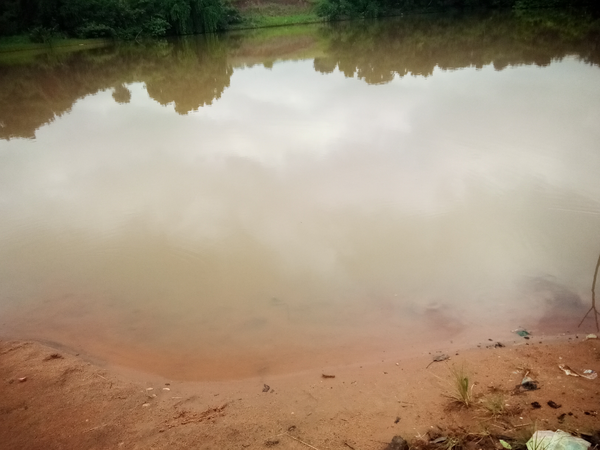 A murky, brown river reflects a treeline and sky in Oko Town, Nigeria. The riverbanks are lined with dirt and scattered debris, including plastic bags and wrappers. The water appears still and calm, with a slight ripple near the shore. The overhanging trees are dense and green, creating a shaded environment along the river's edge. The scene depicts a natural landscape within an urban setting.