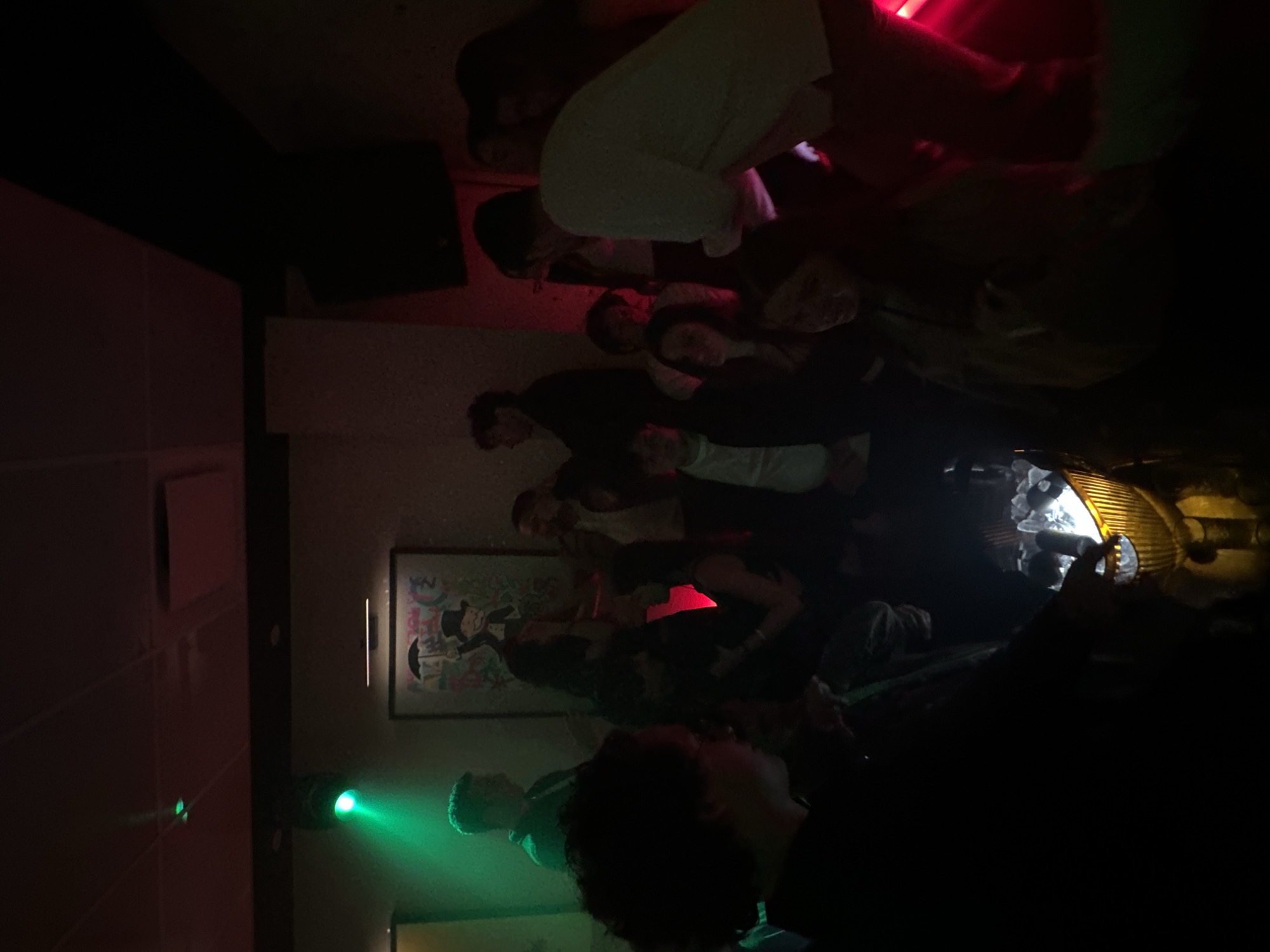 The image shows a dimly lit indoor scene with a group of people. The location appears to be a party or social gathering in Mexico City, Mexico. A framed picture with a cartoon graphic decorates the wall. A green laser light and other lighting fixtures provide illumination to the group. The group consists of mixed aged people who are gathered together. A trash can is filled with empty bottles.
