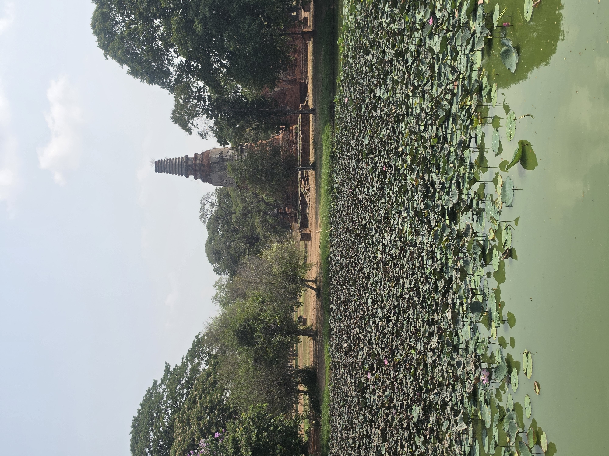 The image shows an ancient temple ruin next to a pond in Phra Nakhon Si Ayutthaya City Municipality, Thailand. The temple has a tall, spire-like structure made of brick. The pond is full of lotus plants. There are trees surrounding the temple and pond. The sky is overcast.