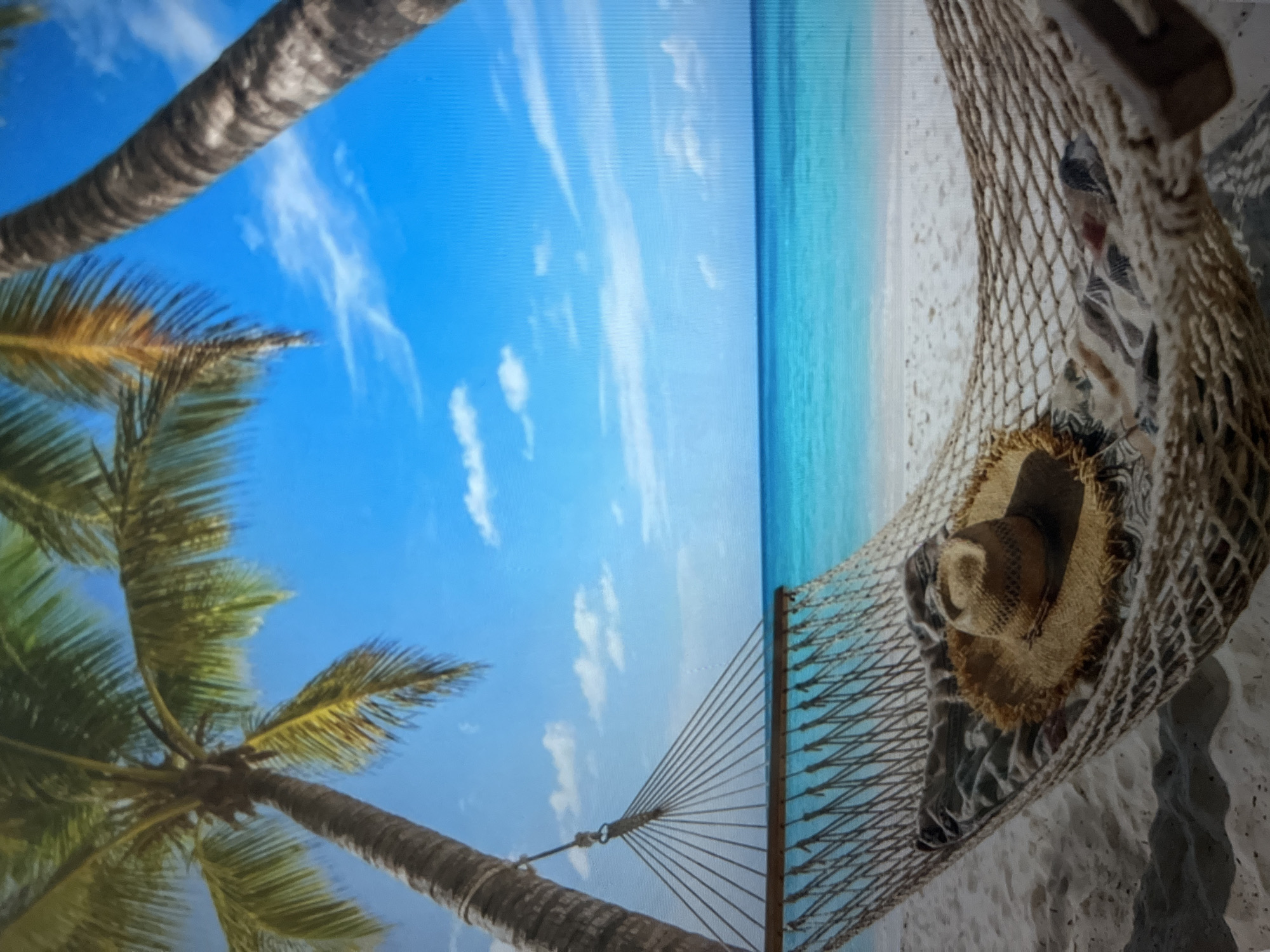 A serene beach scene is depicted with a hammock strung between two palm trees. The hammock, made of woven rope, contains a straw hat and a patterned blanket. In the background, the turquoise ocean meets a sandy beach under a bright blue sky dotted with white clouds. The image is a tranquil representation of a tropical paradise, devoid of any human presence.
