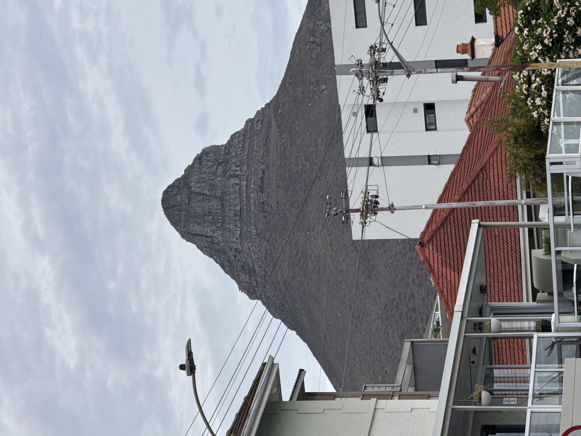 The image shows Lion's Head mountain in Cape Town, South Africa, viewed from a neighborhood street. Overcast sky. The mountain is large and rocky, occupying a significant portion of the frame. In the foreground and middle ground are buildings with white and red tiled roofs, power lines, and utility poles. A street light is visible on the lower left. Plants and possibly flowers are visible along a building. The image is oriented vertically.