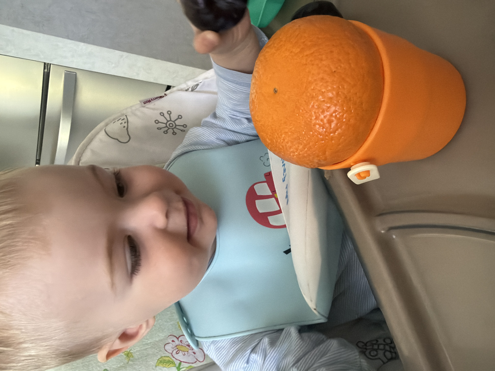 A baby sits in a high chair, wearing a light blue bib with a red and white car design. A white bib liner is visible. The baby has fair skin and blonde hair. An orange rests in an orange container on the tray of the high chair. The baby holds a dark purple object, possibly a plum. The location is likely indoors. There is no indication of the location being in Votkinsk, Russia.