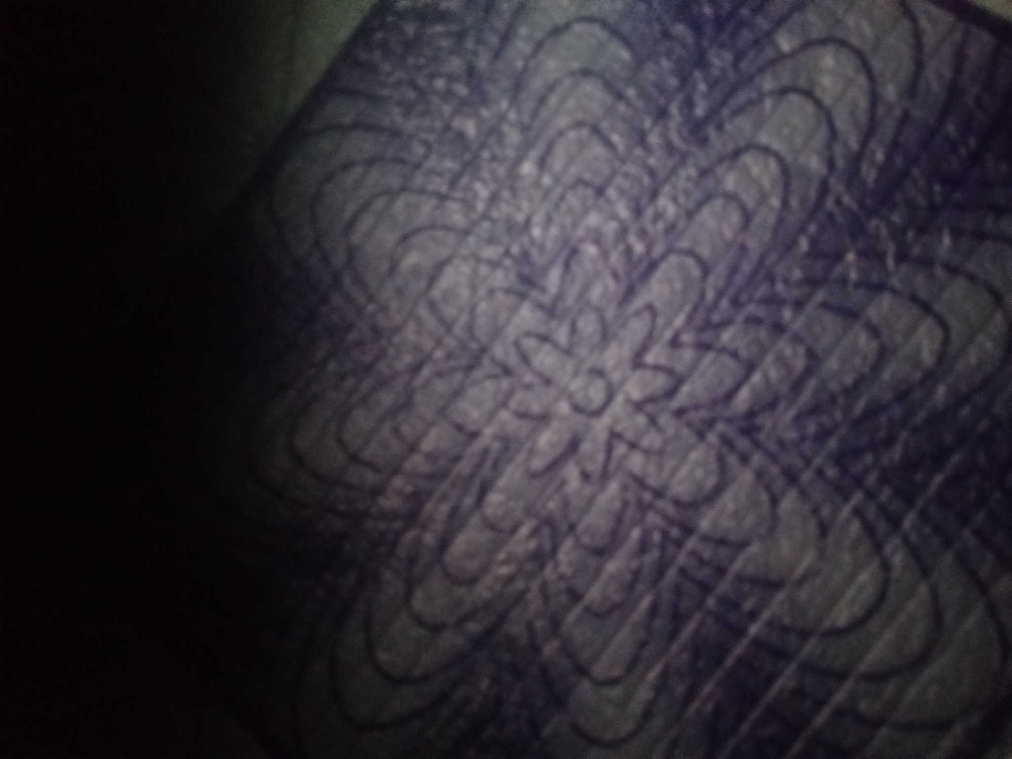 The image shows a close-up of a hand-drawn geometric pattern, possibly a mandala or a stylized flower, rendered in dark blue pen on a textured surface. The drawing features concentric, curved lines radiating outwards from a central point, creating a sense of depth and complexity. The surface appears to be paper or a similar material, with visible fibers and slight unevenness. The lighting creates a dark shadow on the left side of the image, obscuring a portion of the drawing and the surrounding environment. The exact location in Jalingo, Nigeria, cannot be determined from the visual information alone.