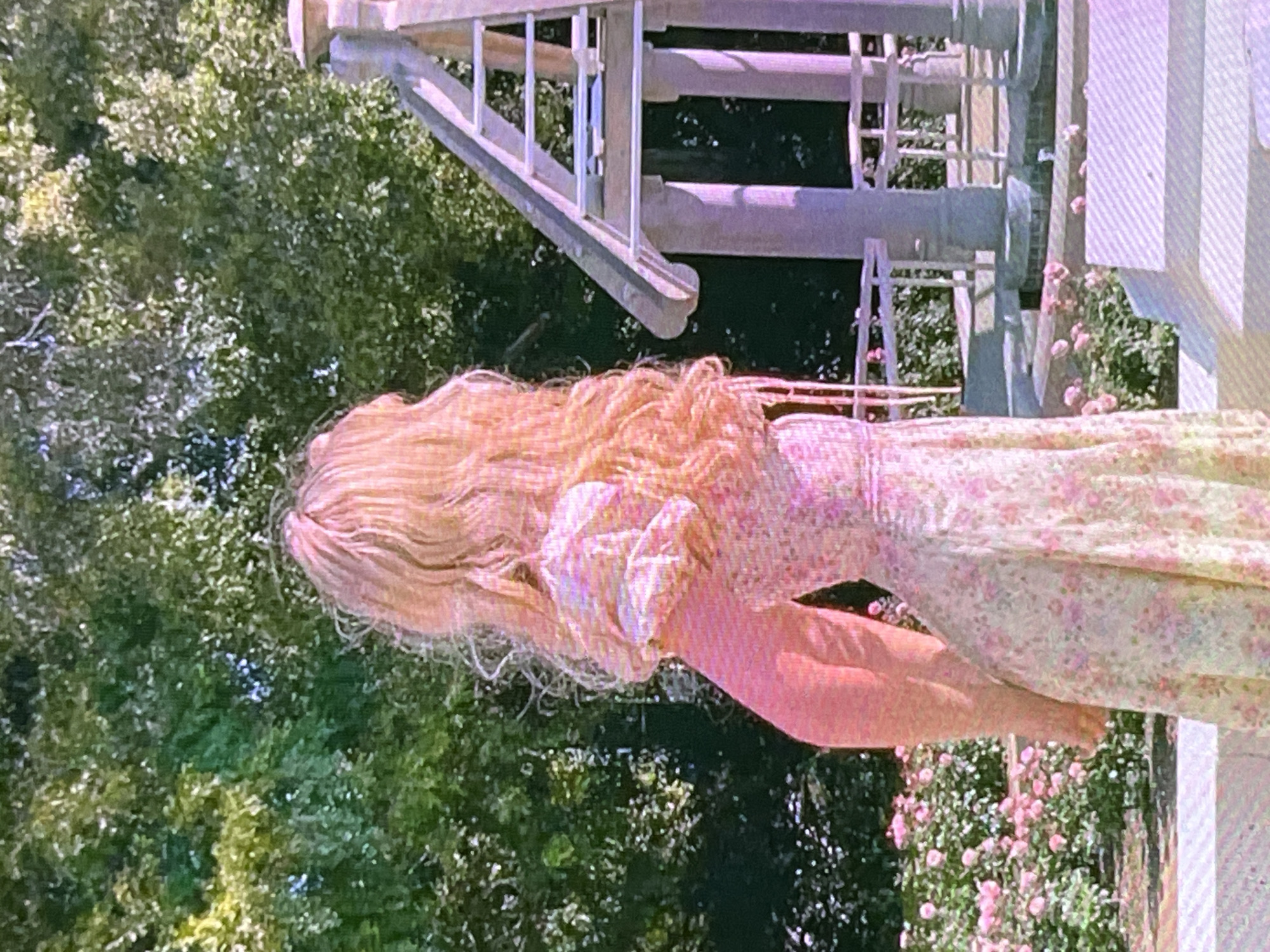 A person with long blonde hair, wearing a floral print dress, stands in a garden with a gazebo structure. The garden features pink roses and lush green trees. The person is facing away from the camera. The gazebo is white with columns and a slatted roof. The overall scene appears to be a sunny day. The location is not specified as Cadek, Indonesia in the image.