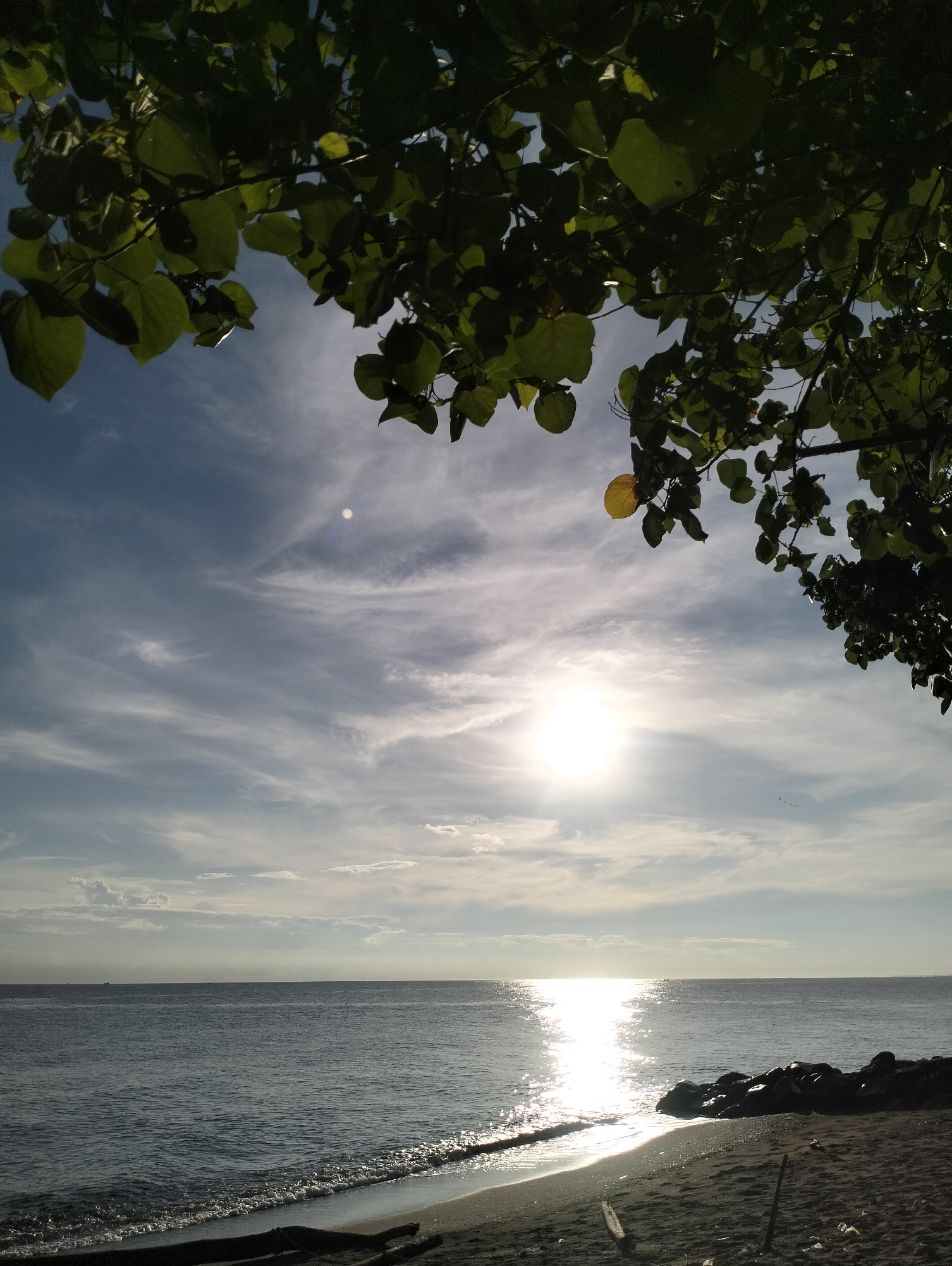 A sunny seascape with trees in the foreground frames the sky and ocean. The leaves of the trees are green and abundant. The sky is a pale blue with streaky clouds. The sun reflects brightly on the water, creating a sparkling path towards the horizon. The beach is dark sand, and a few pieces of driftwood lie near the shoreline. Rocks line a portion of the beach. This scene is likely a beach near Lhokseumawe, Indonesia.