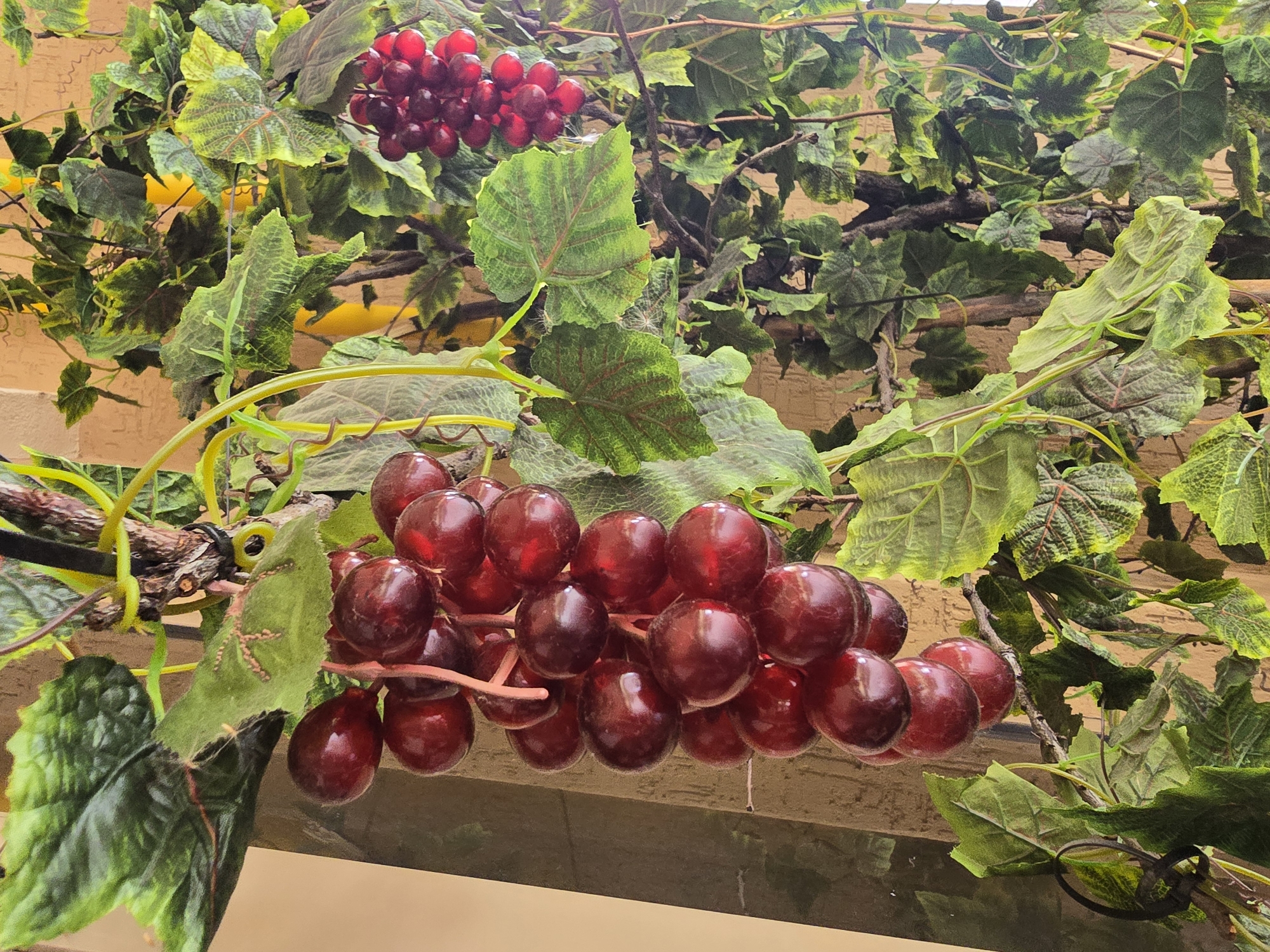 In an indoor setting, a decorative artificial grape vine hangs from a structure. Two bunches of dark red, plastic grapes are prominently displayed, one larger bunch on the left and a smaller bunch on the right. The bunches are intertwined with numerous artificial green grape leaves, some with detailed veining. The background appears to be a textured wall. The image does not provide information about Sofiivska Borshchahivka, Ukraine, nor does it contain any people.