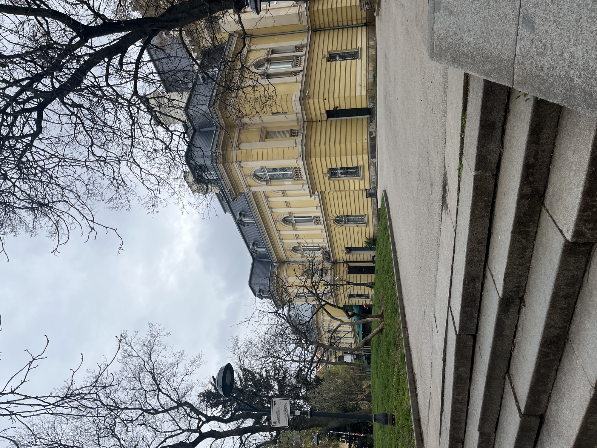 The image shows a three-story yellow building with a dark gray roof on a cloudy day. The building's architecture features windows with arches and ornate detailing. A set of gray stone steps leads up to the building's walkway, which is adjacent to a strip of green grass. Bare tree branches are visible in the foreground, partially obscuring the view of the building and sky. A street lamp and a sign are also present near the bottom of the frame. The location is likely in Sofia, Bulgaria, as indicated by the presence of the yellow building, which is a characteristic feature of the city's architecture.