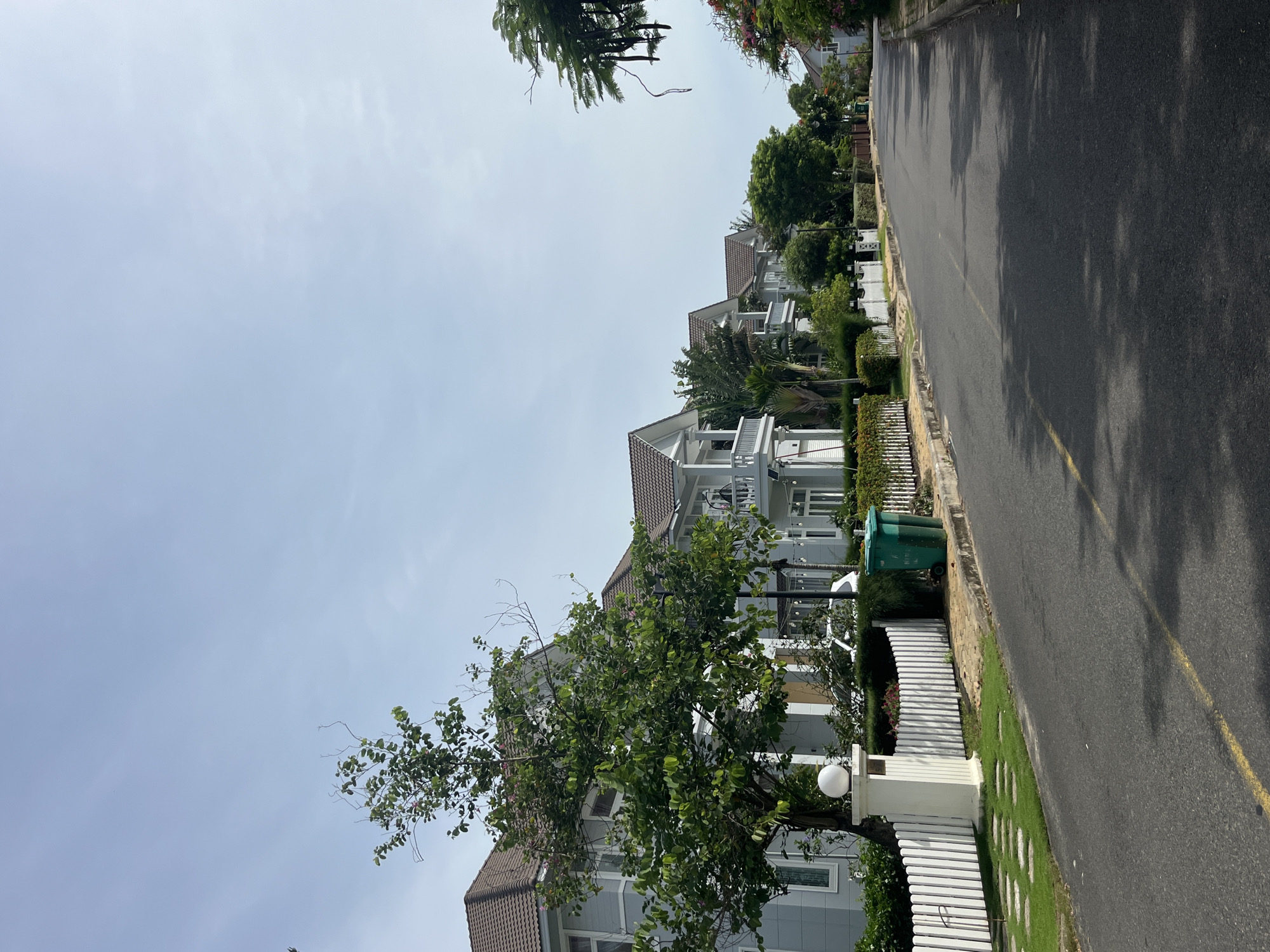A street view in Phu Thuy Ward, Vietnam, shows a row of modern houses on the left side, characterized by light blue exteriors and brown tiled roofs. A large green tree with lush foliage stands prominently in the foreground, partially obscuring the first house. A white picket fence runs along the property line, with a decorative white lamp post at its beginning. A green trash bin is visible near the curb. The road is paved and asphalt, with a yellow line marking the center. The right side of the street is lined with dense green trees and bushes, with more houses visible in the distance. The sky is a pale blue with some wispy clouds, suggesting a bright, possibly hot, day. The scene depicts a well-maintained residential area.