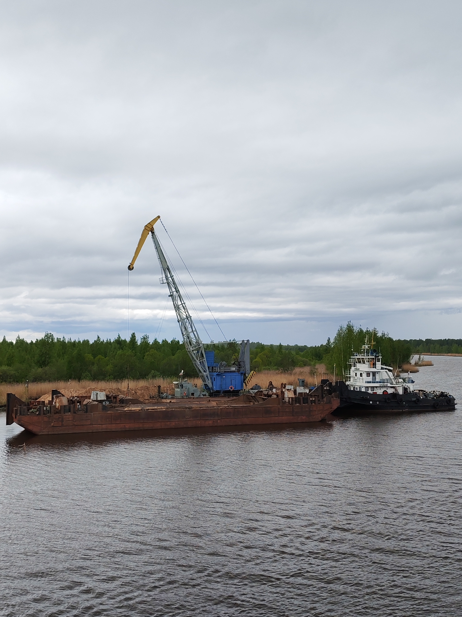 The image shows a barge with a crane on it docked next to a tugboat on a body of water. The barge is loaded with a pile of sand and debris. The crane is gray and blue with a yellow boom. The tugboat is black and white with the name "ПРИБОЙ" visible on its side. The background consists of a shoreline with trees and reeds under a cloudy sky. The location is identified as Ozernoe Ust'e, Russia.