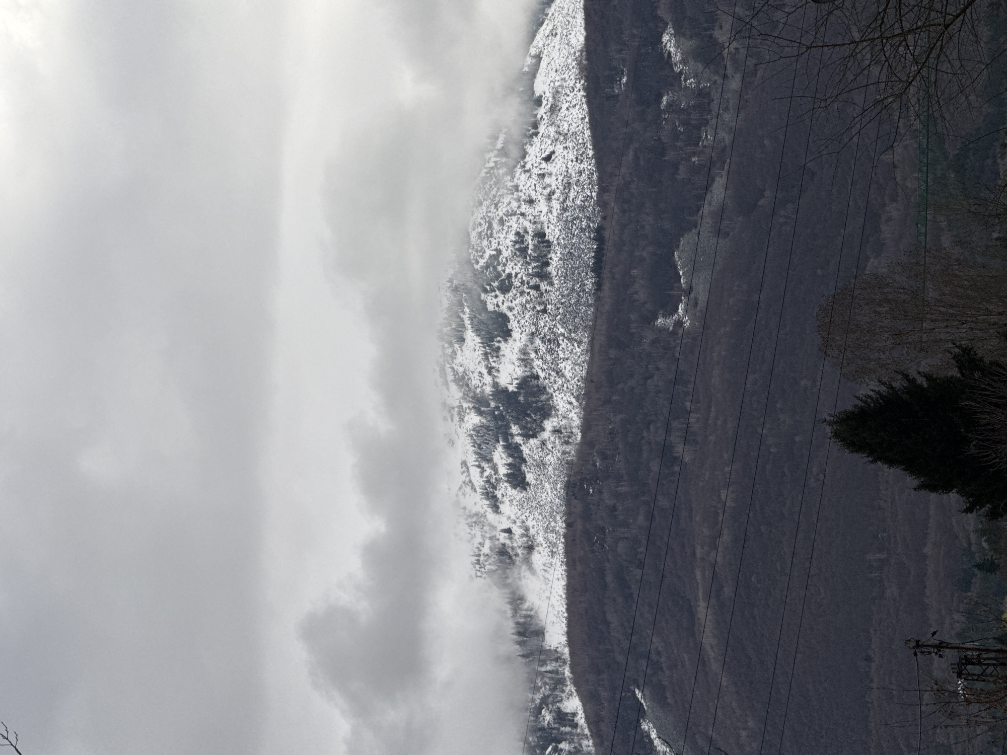 The image shows a mountain landscape under a heavy, gray sky, potentially located near the city of Sofia, Bulgaria. The mountain is partially covered in snow and some trees. The lower slopes appear to be forested with bare trees, indicating a winter or early spring season. Power lines run across the mountainside and appear to be in the foreground of the shot. Some bare tree branches appear in the right of the image. There is an electrical tower on the bottom right side. Visibility is limited due to low clouds or fog.