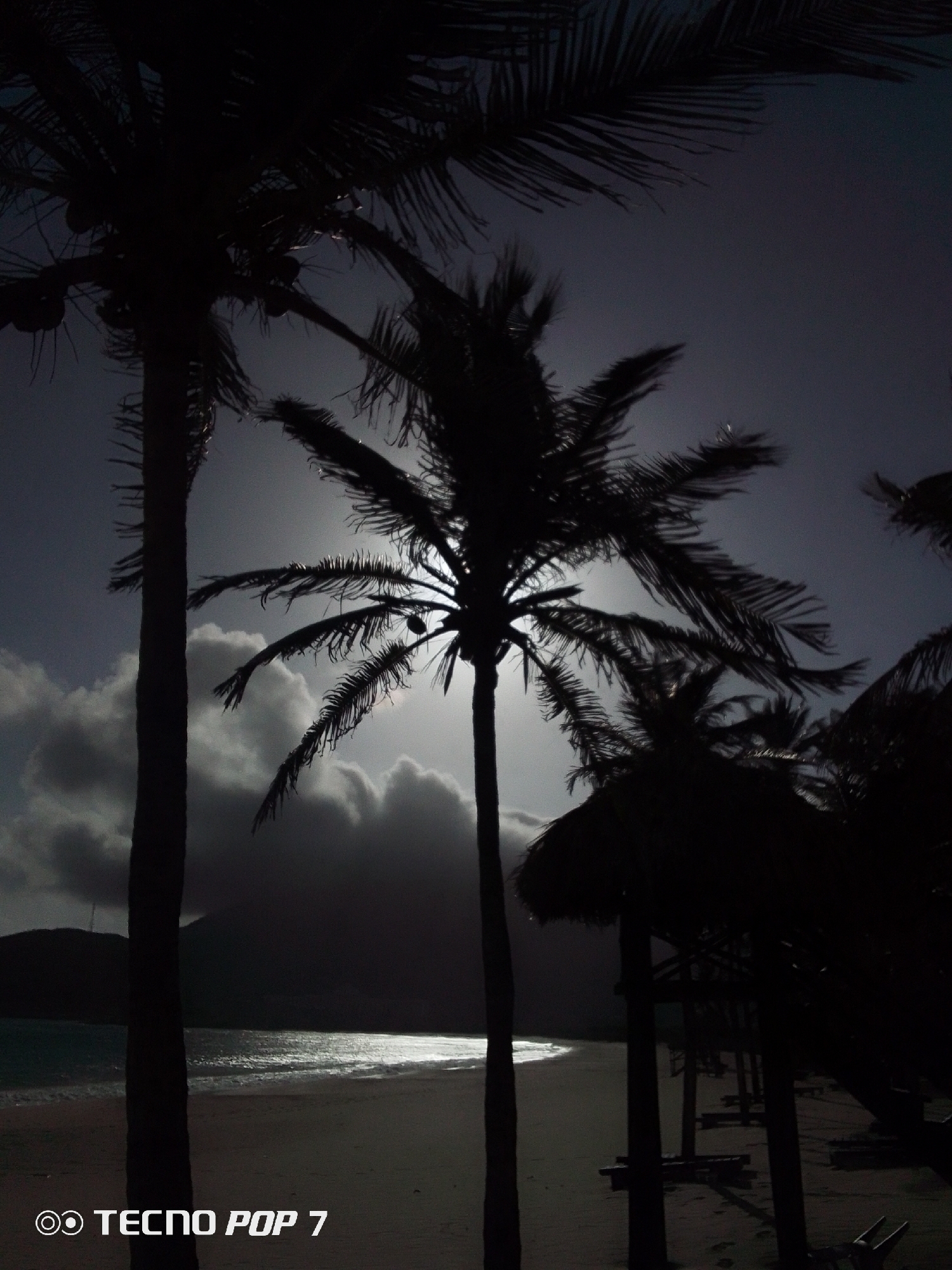 The image captures a beach scene in Pedro González, Venezuela, at twilight. Silhouetted palm trees dominate the foreground, with the setting sun obscured by clouds in the background. The sun's reflection creates a shimmering effect on the water's surface. There are some beach umbrellas on the right. The photograph has a darkened aesthetic due to the low light conditions.