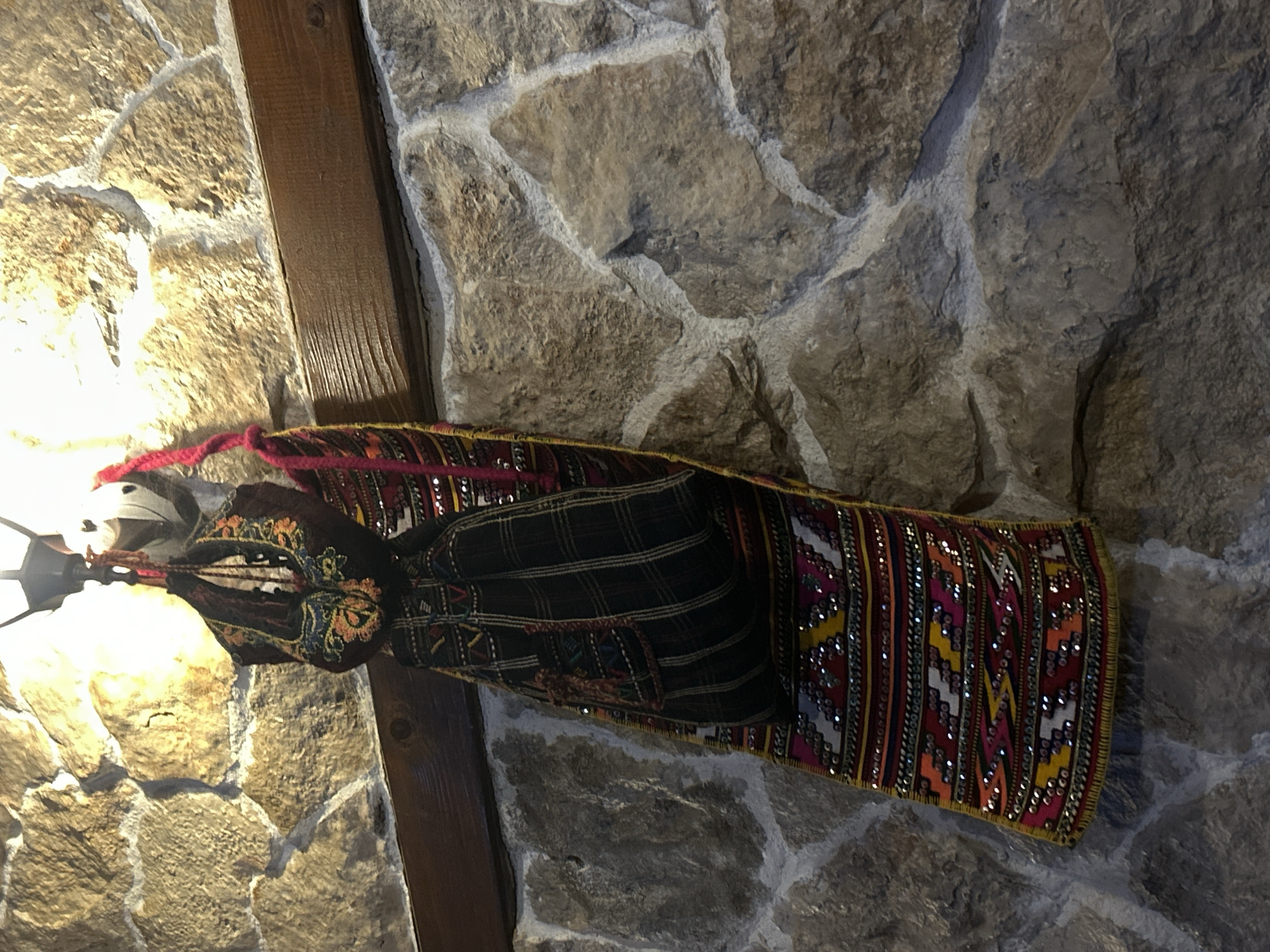 The image depicts a decorative textile bag hanging on a stone wall. The bag has intricate patterns with sequins. It appears to be in a room with a rustic or traditional style. The location is not discernable.