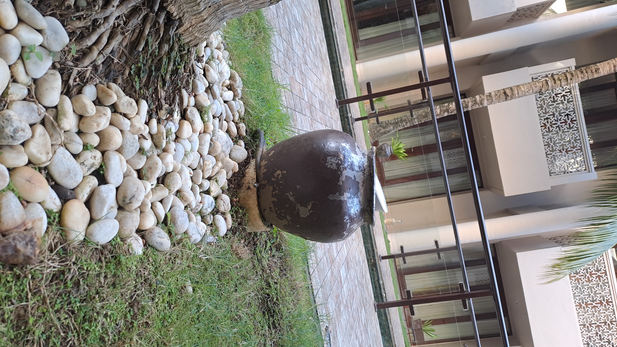 An outdoor scene captures a brown, weathered ceramic pot situated on a concrete pedestal in a grassy area. The pot is surrounded by a border of white and grey river stones. In the background, a building with balconies and patterned railings is visible, alongside a palm tree trunk. The ground in front of the building is paved with square tiles. The environment appears to be in Daroykameu, Indonesia. There are no people or animals present in the image, and no actions or interactions are depicted.
