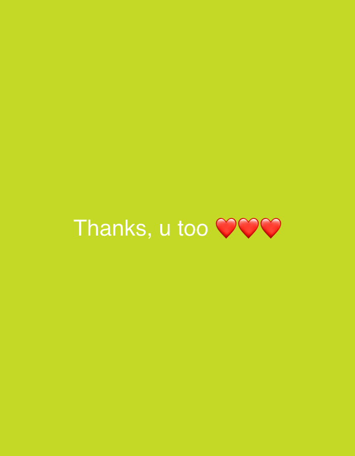 The image contains the text "Thanks, u too ❤️❤️❤️" against a solid chartreuse background. The text is centered vertically and horizontally in the frame. There are no people, objects, or details related to Budva, Montenegro or any other location.
