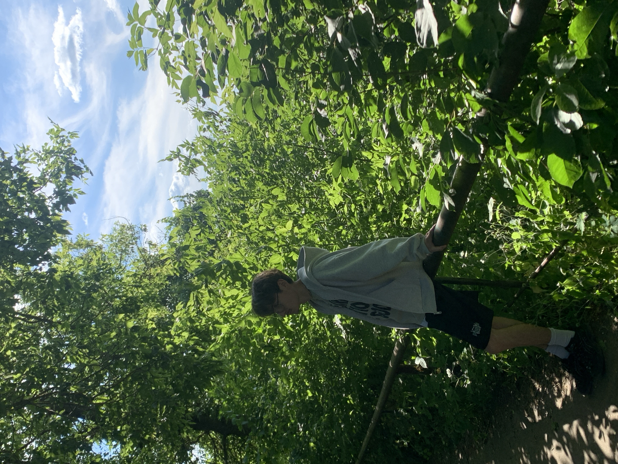 In this image, a young person with glasses, wearing a light grey hoodie, black shorts, white socks, and dark shoes, is captured outdoors amongst lush green foliage. The person is leaning against a thick branch, with their body angled away from the camera, suggesting a moment of rest or contemplation. Sunlight filters through the dense leaves, creating a dappled lighting effect on the ground and the person's clothing. The backdrop is a vibrant mix of green leaves and a bright blue sky with wispy white clouds, indicating it is a clear, sunny day. The scene is set in a natural environment, possibly a park or a wooded area, given the abundance of trees and vegetation. The overall mood appears relaxed and peaceful. There is no visible text in the image. The location context is Pavlovo, Russia.