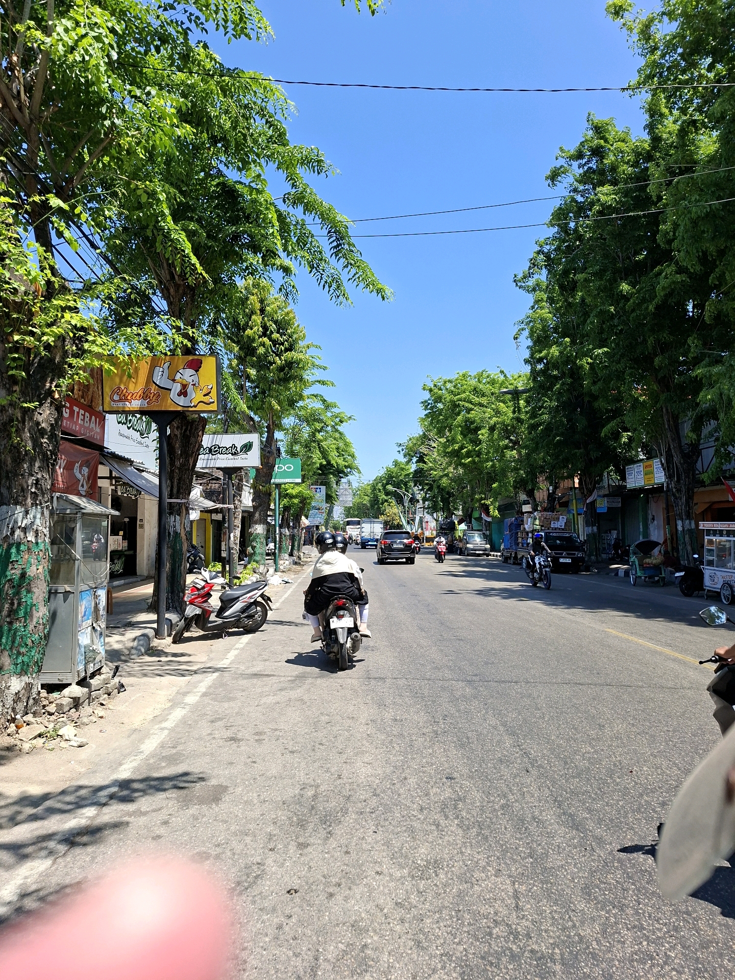 The image depicts a street scene in Parteker, Indonesia, on a bright, sunny day with a clear blue sky. The street is lined with trees and buildings, suggesting an urban environment.
In the foreground, a person is riding on the back of a scooter, facing away from the camera. The scooter is being driven by another person, also facing away. Both riders are wearing helmets. To the left of the scooter, another motorcycle is parked on the sidewalk.
The sidewalk also features several shops or businesses with signage. One sign displays a cartoon chicken with the text "Chubby's" and "Fried Chicken". Another sign has the logo for "OPPO". There's also a vending machine on the sidewalk.
The street itself is paved and shows some wear and tear. Traffic is visible in the distance, including cars and other motorcycles. The overall impression is that of a typical day on a busy street in a city in Indonesia, likely a commercial area given the presence of businesses and signage.