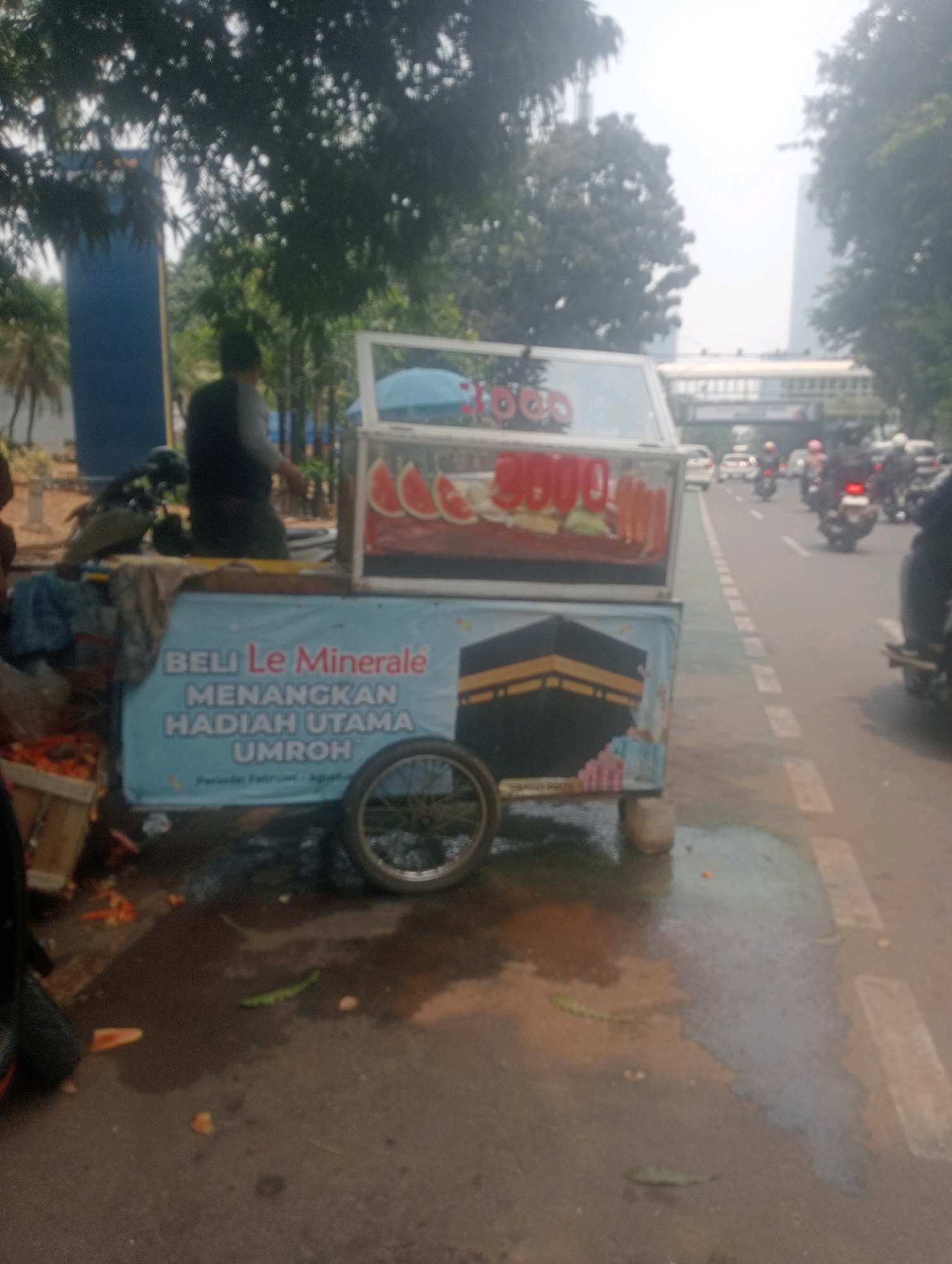 A street vendor's cart selling drinks is parked on the side of a busy road in South Jakarta, Indonesia. The cart has a glass display case with what appear to be colorful drinks or fruits inside, and a large banner on the side with text in Indonesian that appears to be an advertisement. A person, likely the vendor, is partially visible behind the cart, wearing a dark shirt. The road is wet, suggesting recent rain, and several motorcycles and cars are driving past. Trees line the side of the road, and a pedestrian bridge is visible in the background, indicating an urban environment.