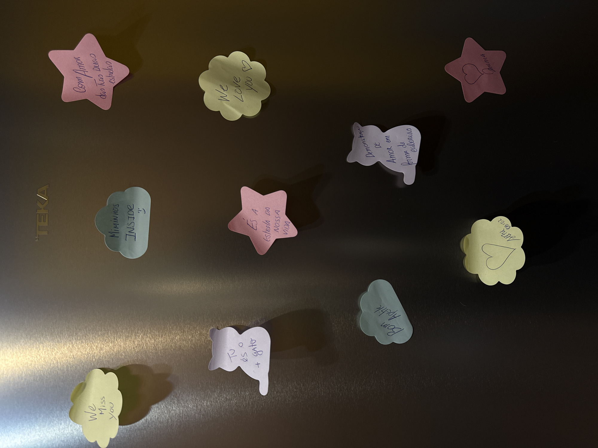 A stainless steel appliance, identified by the "TEKA" logo in the upper center, is vertically oriented and serves as a backdrop for ten distinct sticky notes. The metallic surface exhibits a brushed finish with vertical grain and reflects ambient light, casting subtle shadows from the notes. This object is situated within a domestic kitchen setting in Vila Nova de Gaia, Portugal.
The sticky notes are adhered to the surface in various positions, shapes, and colors, each bearing handwritten text.
1. Top left: A yellow cloud-shaped note reads "We Miss you" in black ink.
2. Top center: A light blue cloud-shaped note reads "MIMINOS INSIDE" (Cuddles Inside) with a small smiley face, in dark blue ink.
3. Top right: A pink star-shaped note reads "Com Amor das tuas duas estrelas" (With Love from your two stars) in dark pink ink.
4. Mid-left: A light purple cat-shaped note reads "Tu és o + gato" (You are the cutest) in dark blue ink.
5. Mid-center: A pink star-shaped note reads "ÉS A estrela da NOSSA VIDA" (You ARE the star of OUR LIFE) in dark pink ink.
6. Mid-right: A yellow flower-shaped note reads "We Love you ♡" in dark green ink.
7. Lower-mid left: A light blue cloud-shaped note reads "Bom Apetite" (Enjoy your meal) in dark blue ink.
8. Lower-mid right: A light purple cat-shaped note reads "Demonstração DE AMOR em forma de Calorias" (Demonstration OF LOVE in the form of Calories) in dark blue ink.
9. Bottom left: A yellow flower-shaped note displays a hand-drawn heart and the text "sara 08/02" in dark blue ink.
10. Bottom right: A pink star-shaped note features a hand-drawn heart and the text "Mama" in dark pink ink.
The lighting originates from the left, illuminating the textured surface and creating faint shadows beneath the notes. No individuals are present in the frame.